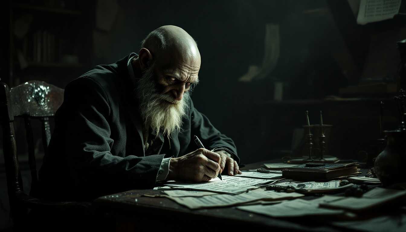 POV: Sitting across from Erich Zann—a lean old man with a grotesque satyr-like face, scruffy white beard, bald head, and wearing shabby 1920s attire—in his dimly lit attic room filled with scattered musical sheets, I watch as he feverishly writes a lengthy account in German, his hands trembling, shadows accentuating his grotesque features.

