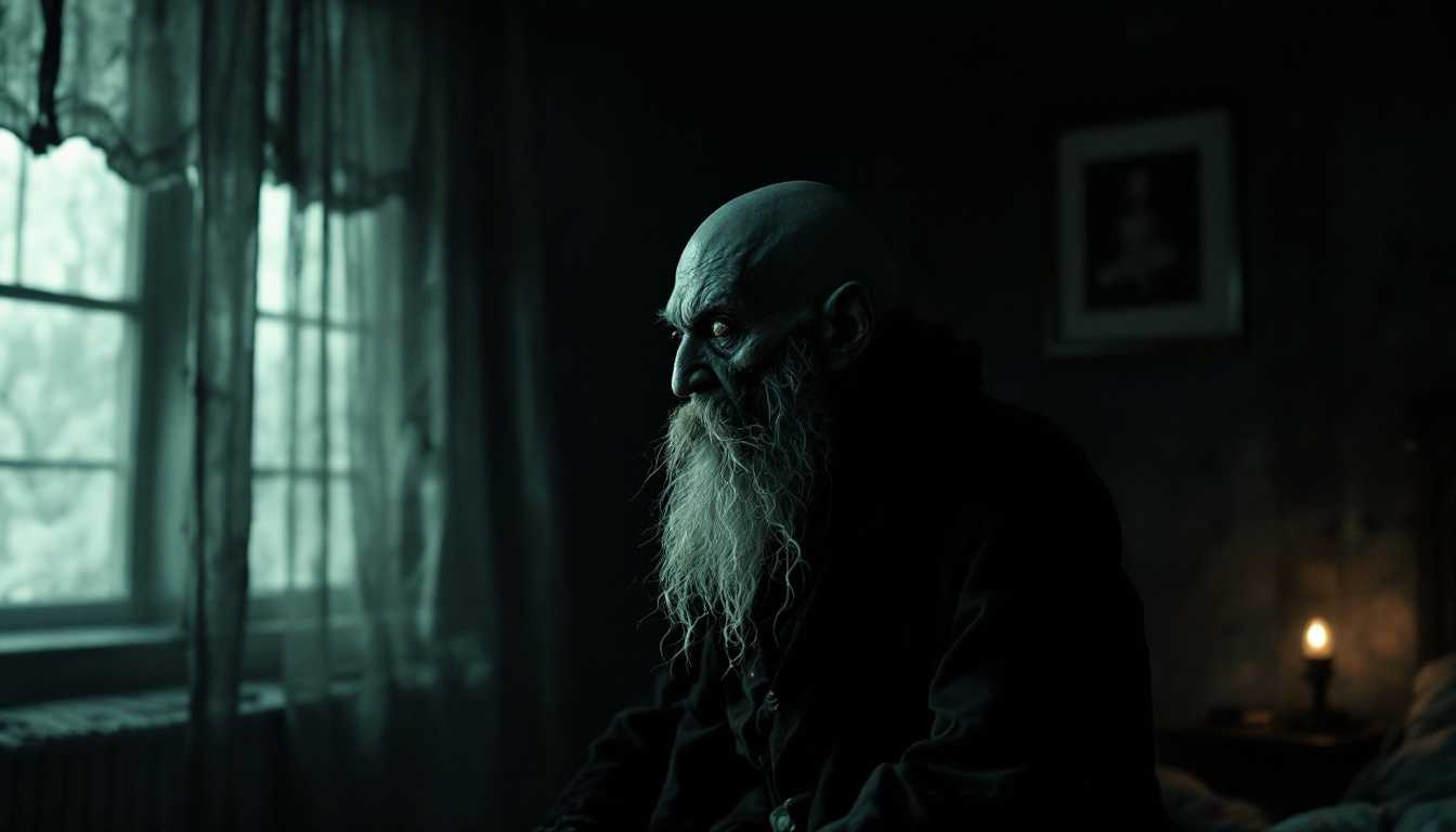 POV: In the quiet of the attic room, I notice Erich Zann—a lean old man with a grotesque satyr-like face, scruffy white beard, bald head, and wearing shabby 1920s attire—suddenly freeze, staring in horror at the curtained window as a faint, exquisite musical note seems to emanate from somewhere beyond, filling the room with an eerie presence.

