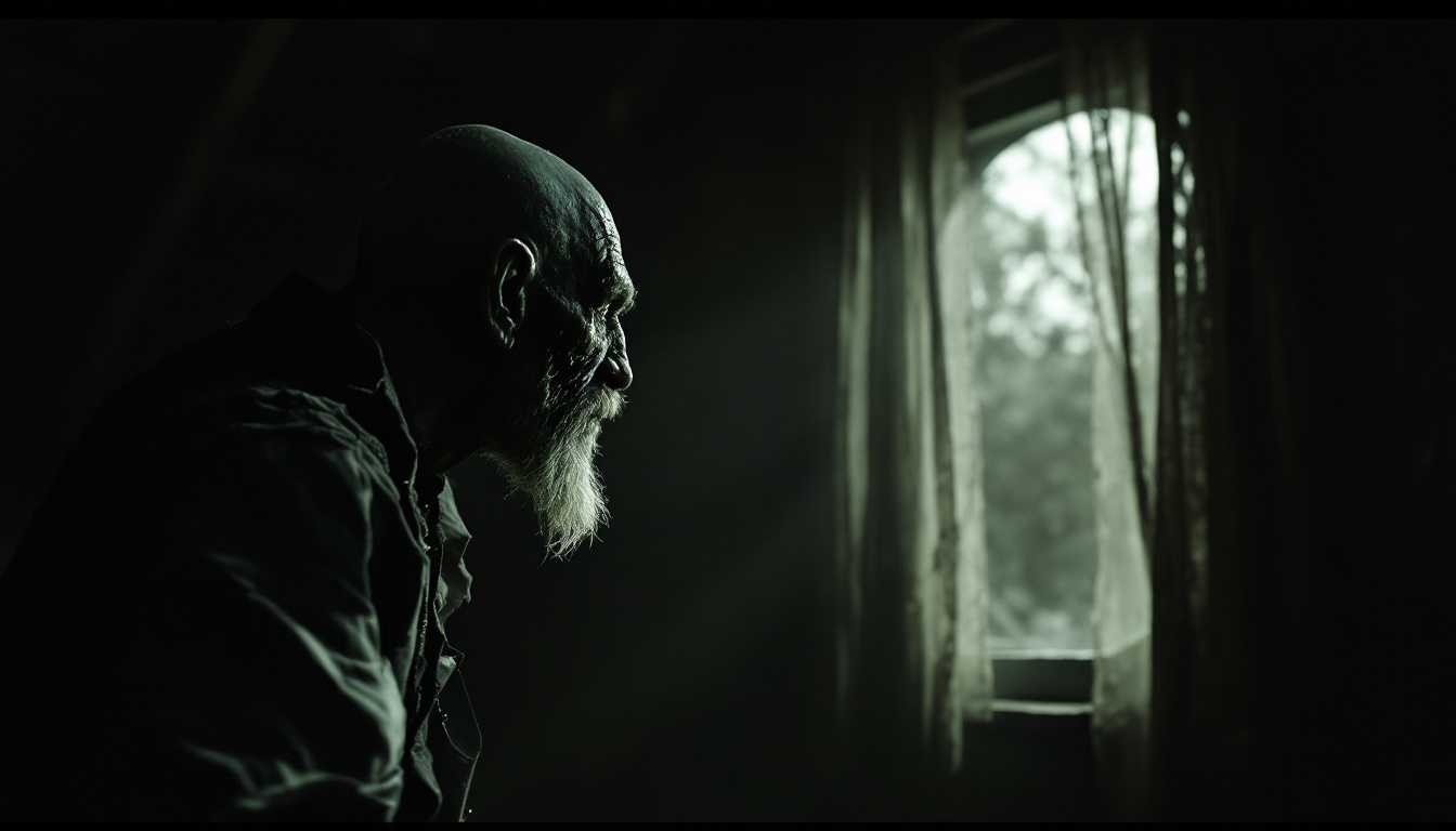 POV: In the quiet of the attic room, I notice Erich Zann—a lean old man with a grotesque satyr-like face, scruffy white beard, bald head, and wearing shabby 1920s attire—suddenly freeze, staring in horror at the curtained window as a faint, exquisite musical note seems to emanate from somewhere beyond, filling the room with an eerie presence.

