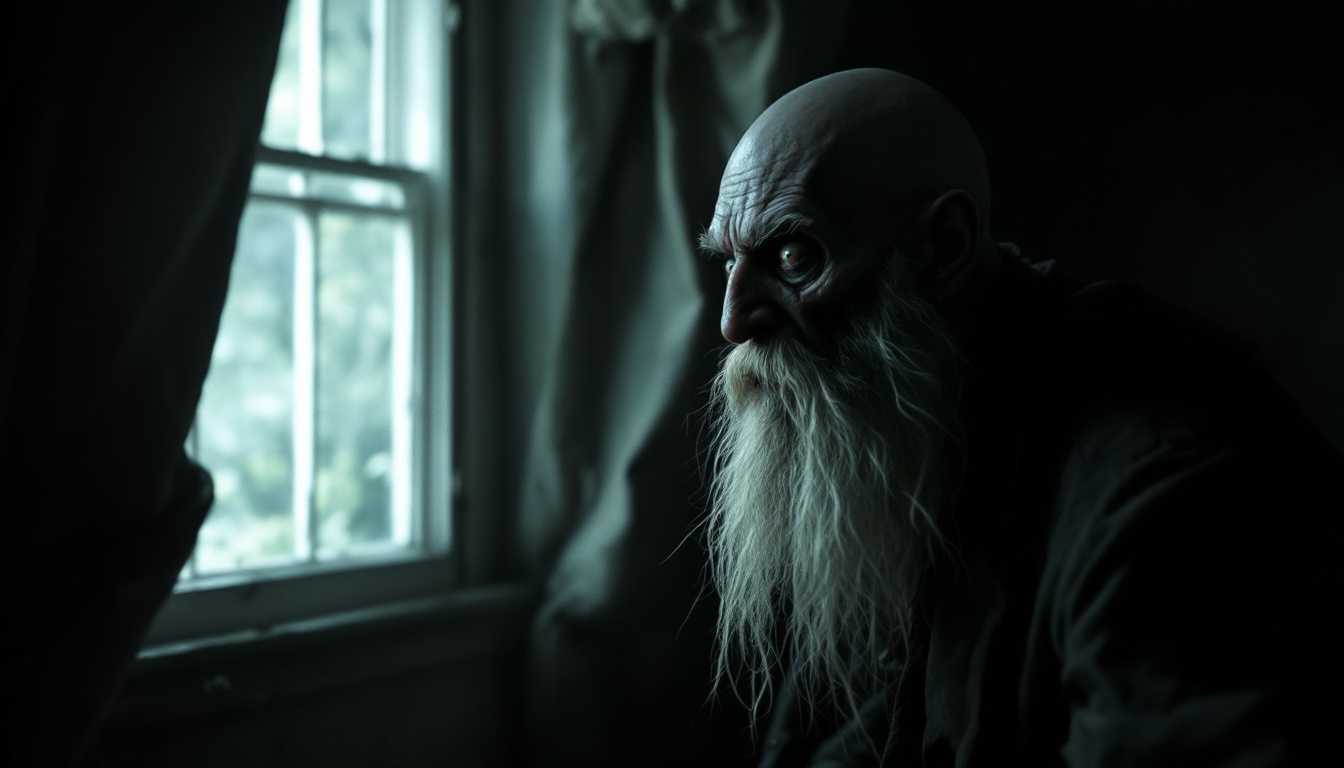 POV: In the quiet of the attic room, I notice Erich Zann—a lean old man with a grotesque satyr-like face, scruffy white beard, bald head, and wearing shabby 1920s attire—suddenly freeze, staring in horror at the curtained window as a faint, exquisite musical note seems to emanate from somewhere beyond, filling the room with an eerie presence.


