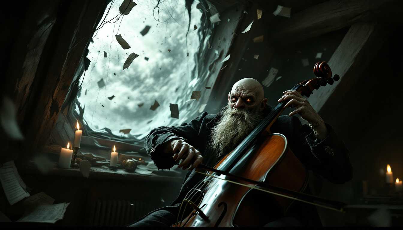 POV: As a howling wind bursts through the shattered window of the attic, candles flicker wildly, papers fly, and Erich Zann—a lean old man with a grotesque satyr-like face, scruffy white beard, bald head, and clad in shabby 1920s attire—frantically plays his cello amidst the chaos, his face contorted in terror.



