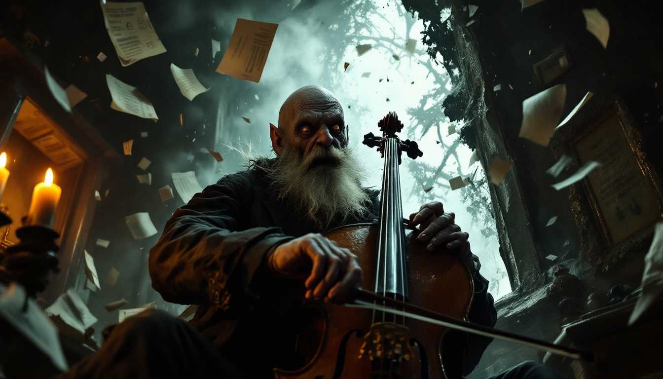POV: As a howling wind bursts through the shattered window of the attic, candles flicker wildly, papers fly, and Erich Zann—a lean old man with a grotesque satyr-like face, scruffy white beard, bald head, and clad in shabby 1920s attire—frantically plays his cello amidst the chaos, his face contorted in terror.



