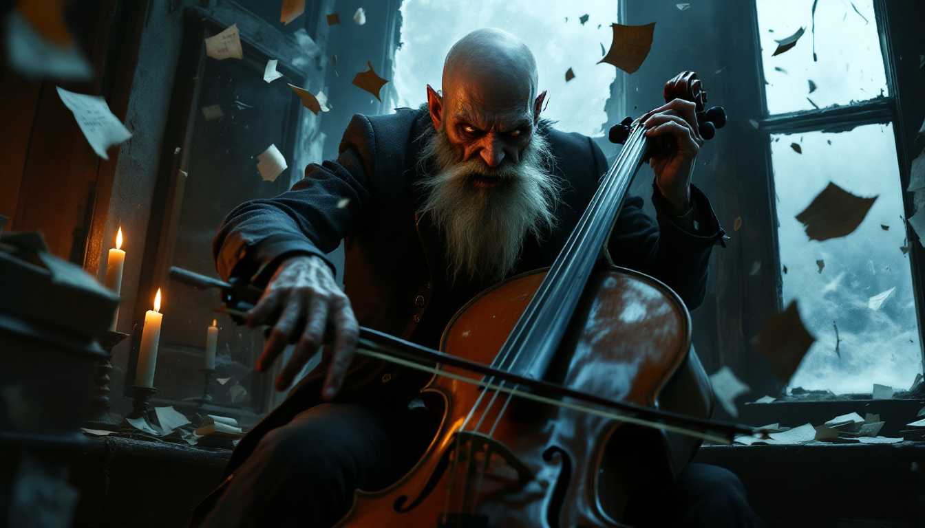 Vintage Horror Movie Poster Creepy Bearded Man Playing Cello in Dark Room with Flying Papers and Candles