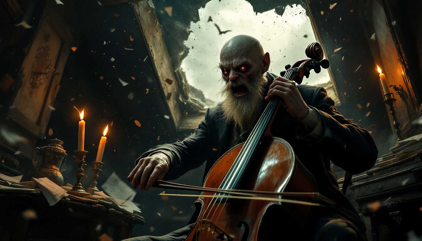 POV: As a howling wind bursts through the shattered window of the attic, candles flicker wildly, papers fly, and Erich Zann—a lean old man with a grotesque satyr-like face, scruffy white beard, bald head, and clad in shabby 1920s attire—frantically plays his cello amidst the chaos, his face contorted in terror.



