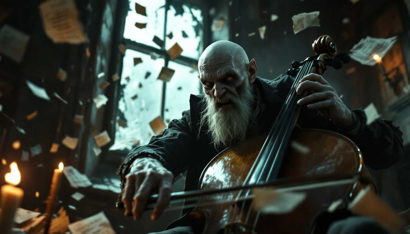 POV: As a howling wind bursts through the shattered window of the attic, candles flicker wildly, papers fly, and Erich Zann—a lean old man with a grotesque satyr-like face, scruffy white beard, bald head, and clad in shabby 1920s attire—frantically plays his cello amidst the chaos, his face contorted in terror.



