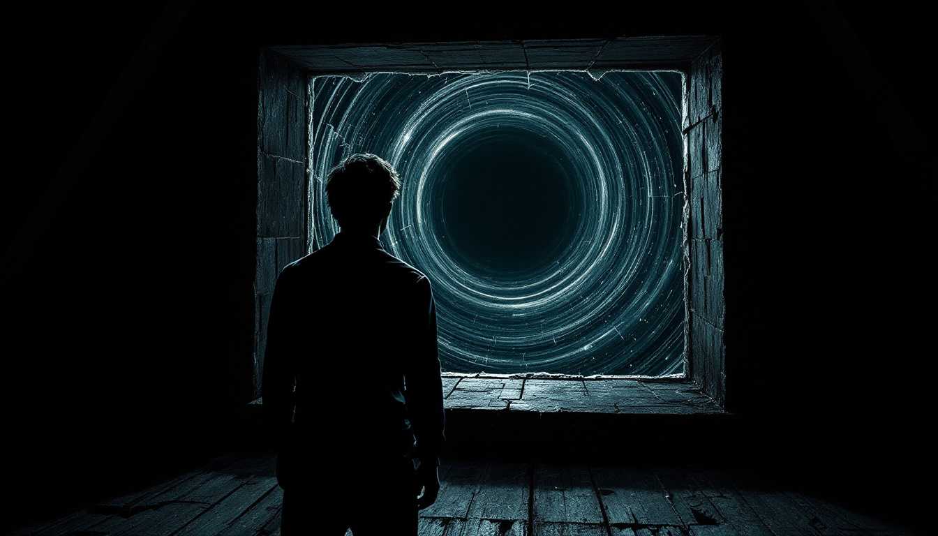 POV: Standing before the broken attic window in darkness, I gaze out expecting the twinkling city lights of the 1920s streets but instead see only infinite blackness filled with swirling motions and unearthly music—an abyss that defies all earthly understanding.



