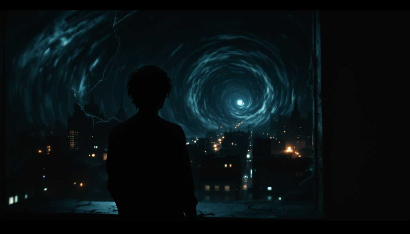 POV: Standing before the broken attic window in darkness, I gaze out expecting the twinkling city lights of the 1920s streets but instead see only infinite blackness filled with swirling motions and unearthly music—an abyss that defies all earthly understanding.



