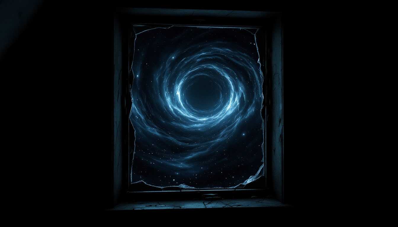 POV: Standing before the broken attic window in darkness, I gaze out expecting the twinkling city lights of the 1920s streets but instead see only infinite blackness filled with swirling void with unfathomable motions and unearthly music—an abyss that defies all earthly understanding.



