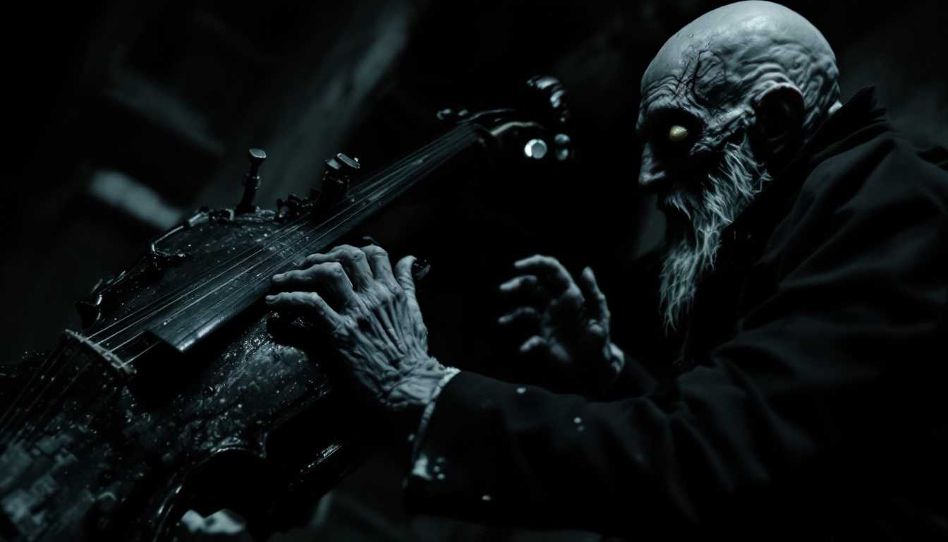 POV 1920s scene: In the pitch-black attic room, I reach out and touch Erich Zann—a lean old man with a grotesque satyr-like face, scruffy white beard, bald head, and wearing shabby 1920s attire—feeling his ice-cold, stiffened face and bulging, sightless eyes, while the cello continues its mechanical, frenzied playing in the darkness.



