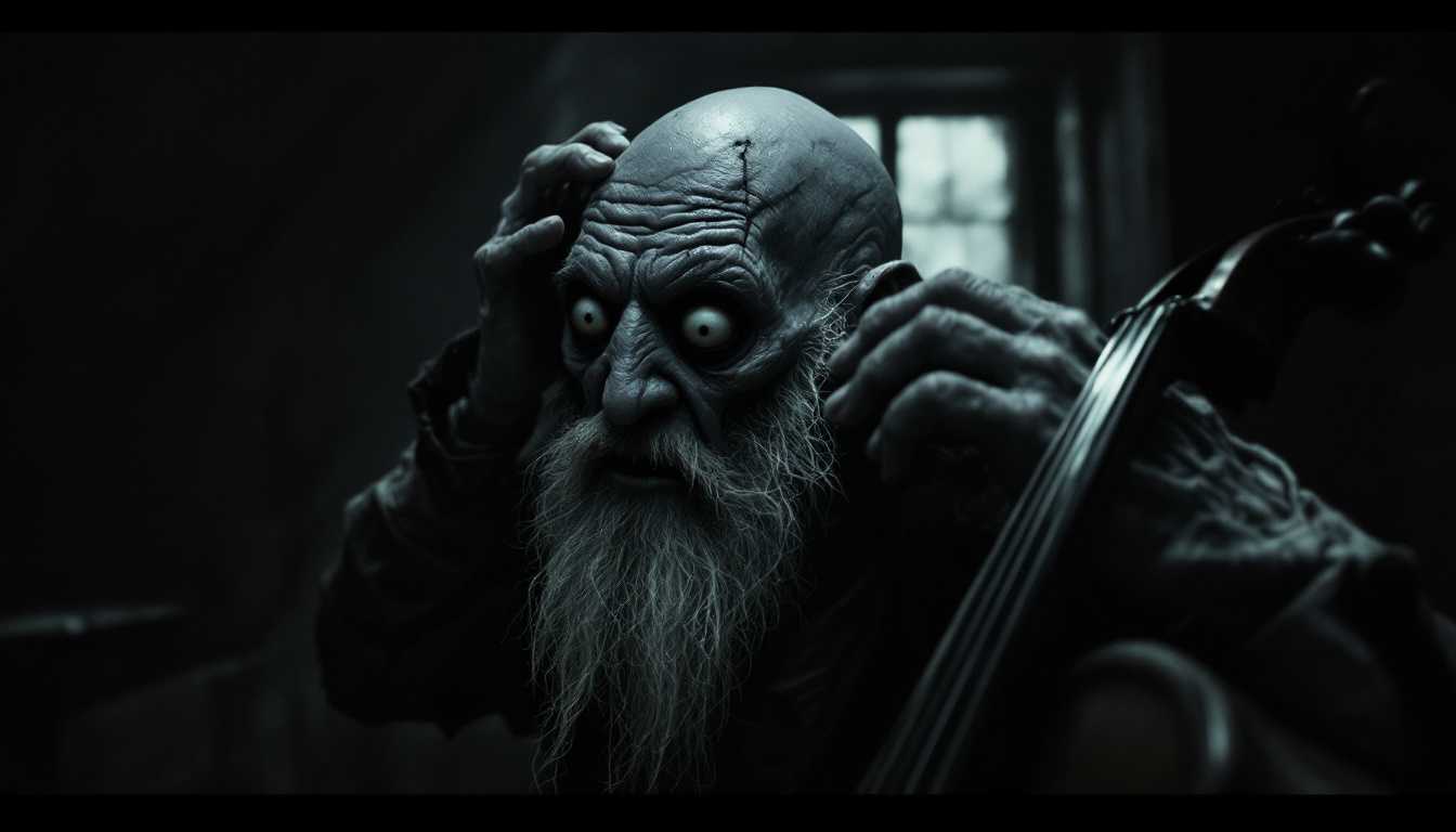 POV 1920s scene: In the pitch-black attic room, I reach out and touch Erich Zann—a lean old man with a grotesque satyr-like face, scruffy white beard, bald head, and wearing shabby 1920s attire—feeling his ice-cold, stiffened face and bulging, sightless eyes, while the cello continues its mechanical, frenzied playing in the darkness.



