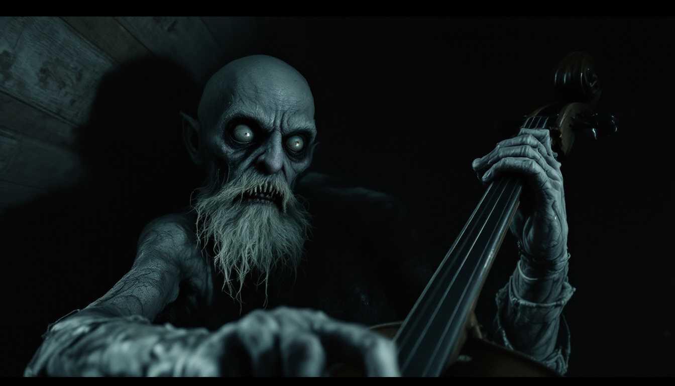 POV 1920s scene: In the pitch-black attic room, I reach out and touch Erich Zann—a lean old man with a grotesque satyr-like face, scruffy white beard, bald head, and wearing shabby 1920s attire—feeling his ice-cold, stiffened face and bulging, sightless eyes, while the cello continues its mechanical, frenzied playing in the darkness.



