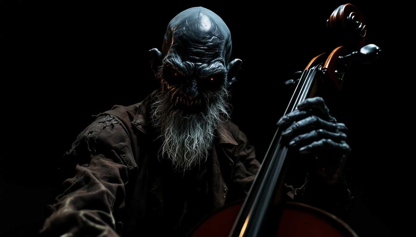 POV 1920s scene: In the pitch-black attic room, I reach out and touch Erich Zann—a lean old man with a grotesque satyr-like face, scruffy white beard, bald head, and wearing shabby 1920s attire—feeling his ice-cold, stiffened face and bulging, sightless eyes, while the cello continues its mechanical, frenzied playing in the darkness.



