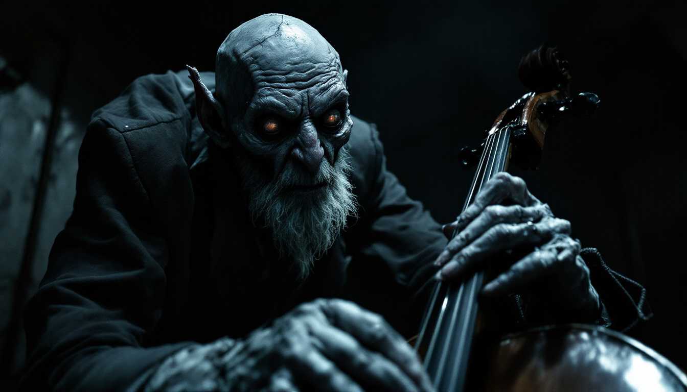 POV 1920s scene: In the pitch-black attic room, I reach out and touch Erich Zann—a lean old man with a grotesque satyr-like face, scruffy white beard, bald head, and wearing shabby 1920s attire—feeling his ice-cold, stiffened face and bulging, sightless eyes, while the cello continues its mechanical, frenzied playing in the darkness.



