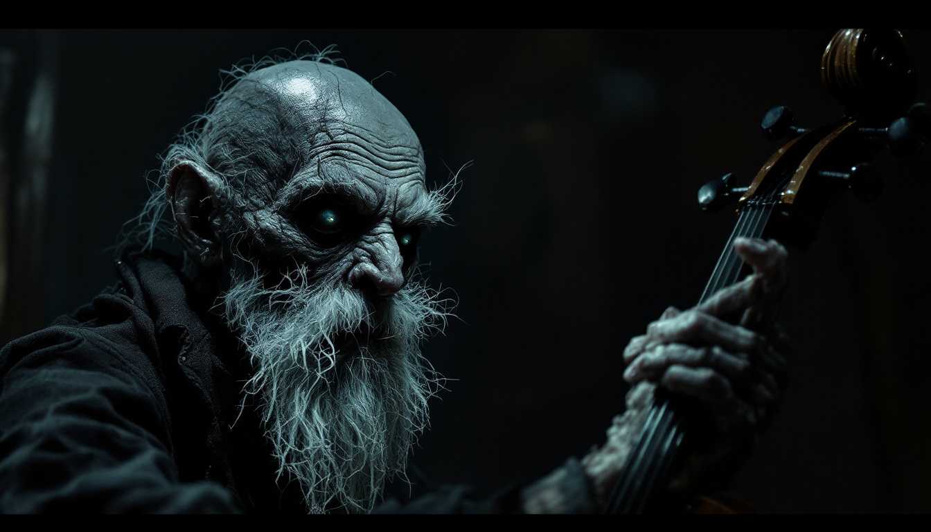 POV 1920s scene: In the pitch-black attic room, I reach out and touch Erich Zann—a lean old man with a grotesque satyr-like face, scruffy white beard, bald head, and wearing shabby 1920s attire—feeling his ice-cold, stiffened face and bulging, sightless eyes, while the cello continues its mechanical, frenzied playing in the darkness.



