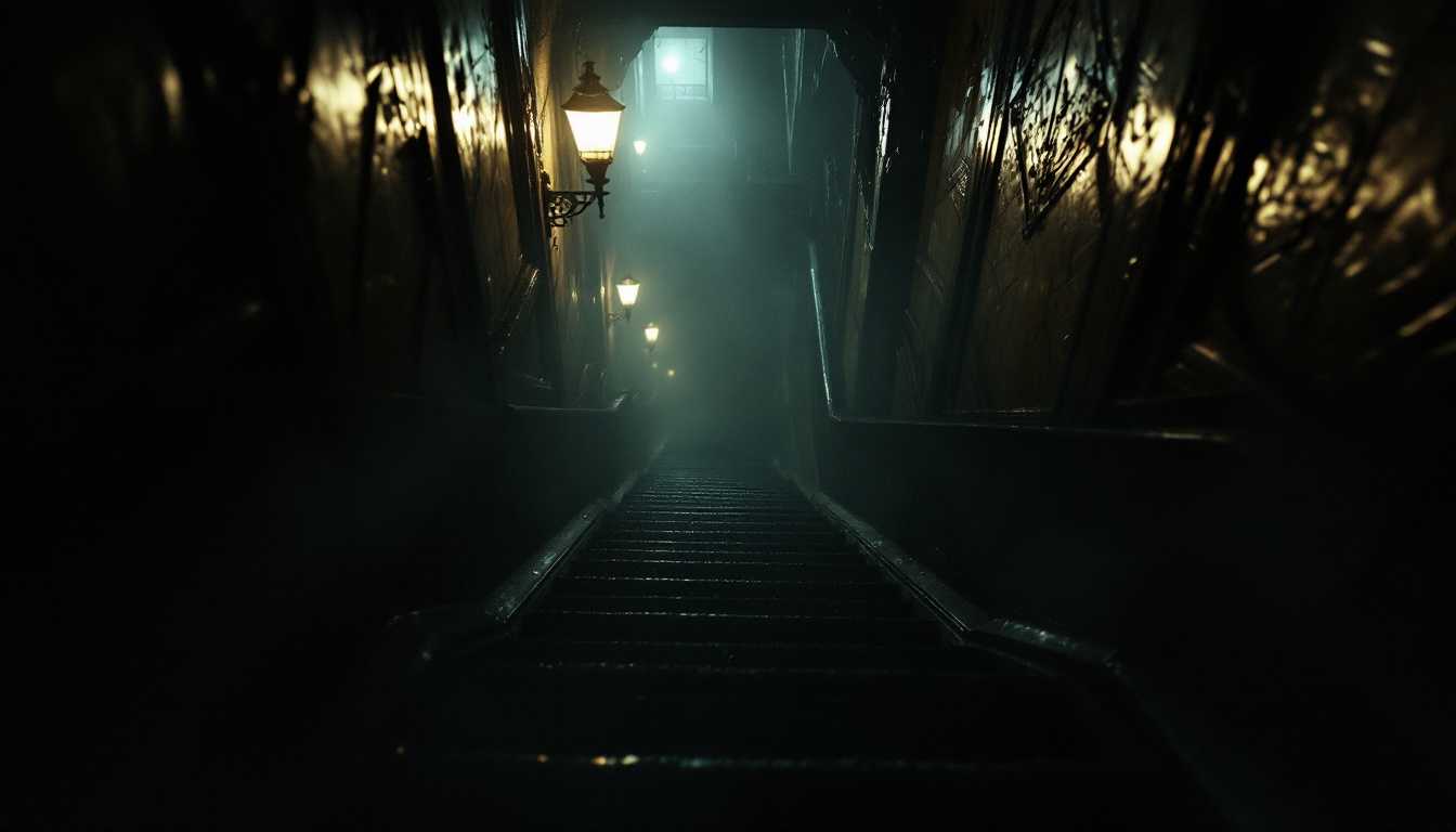 POV: Racing down the endless, dark staircase of the old 1920s apartment building, I flee in terror, shadows and flickering gaslights blurring as I descend.




