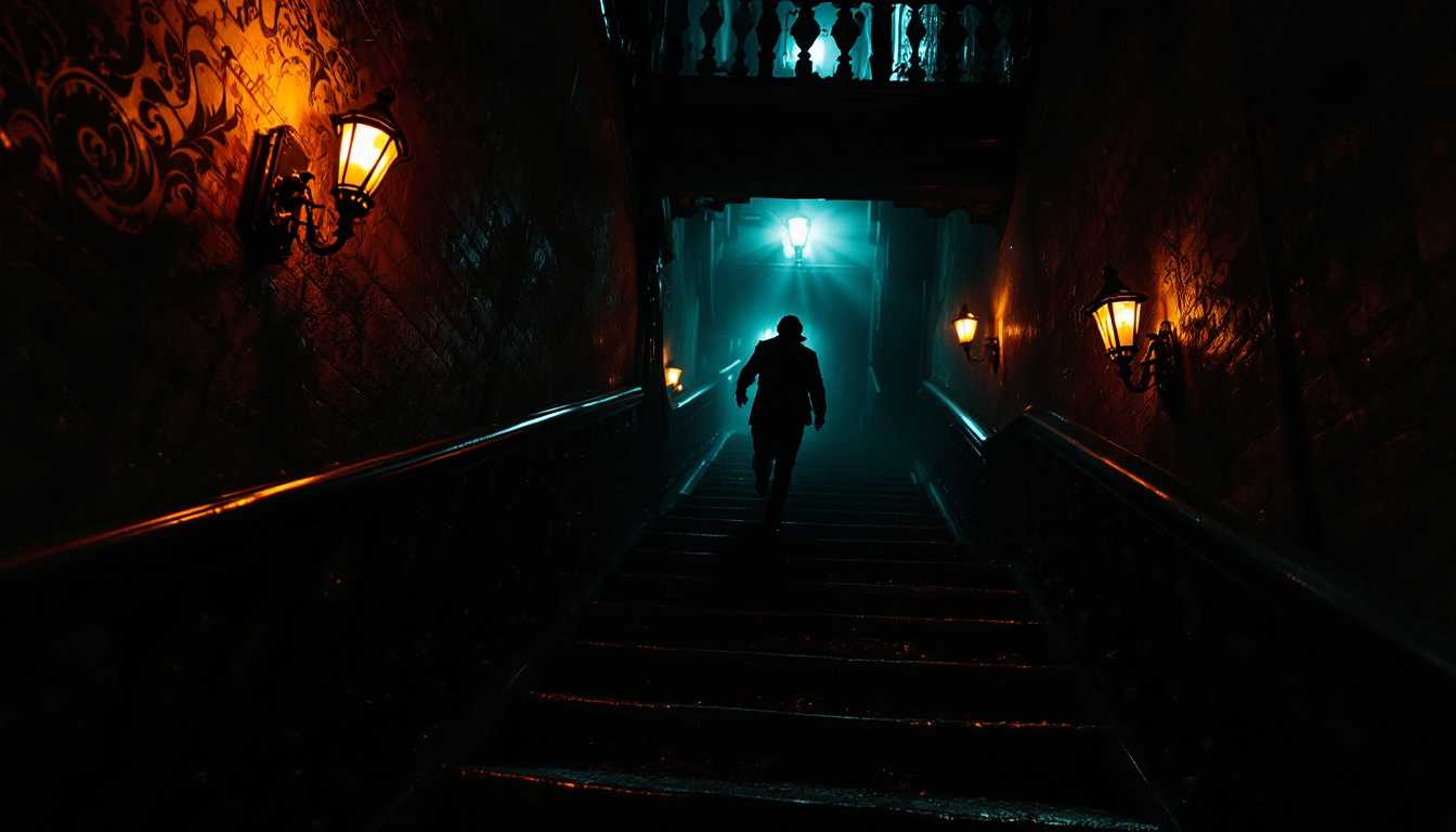 POV: Racing down the endless, dark staircase of the old 1920s apartment building, I flee in terror, shadows and flickering gaslights blurring as I descend.



