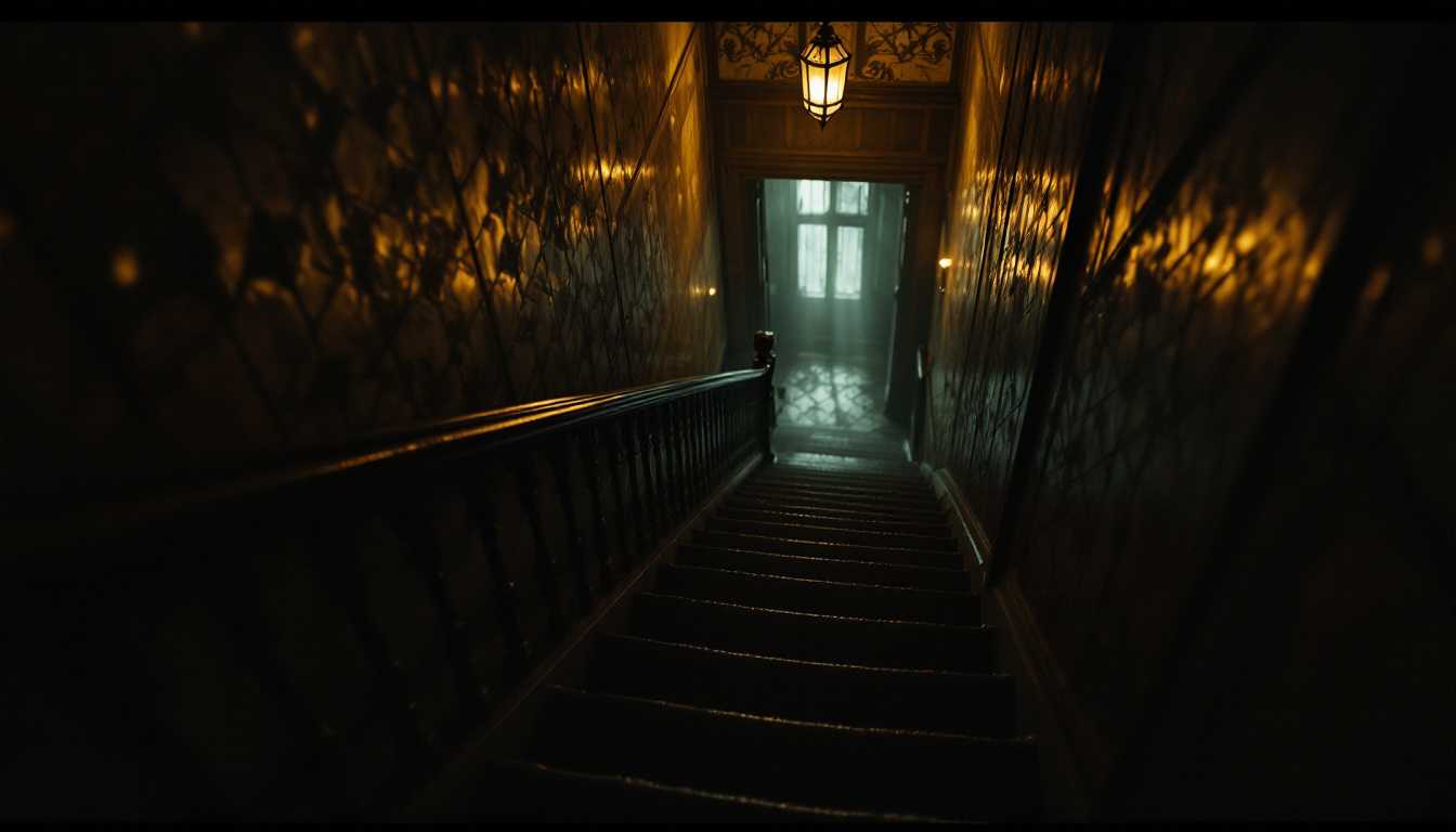 POV: looking forward and Racing down the endless, dark staircase of the old 1920s apartment building, I flee in terror, shadows and flickering gaslights blurring as I descend.




