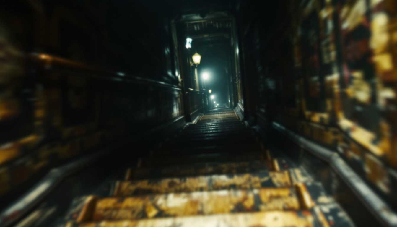 POV: as Imove forward staring and Racing down the endless, dark staircase of the old 1920s apartment building, I flee in terror, shadows and flickering gaslights blurring as I descend.



