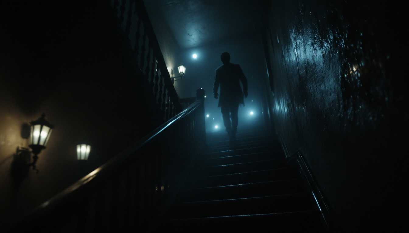 POV: as Imove forward staring and Racing down the endless, dark staircase of the old 1920s apartment building, I flee in terror, shadows and flickering gaslights blurring as I descend.



