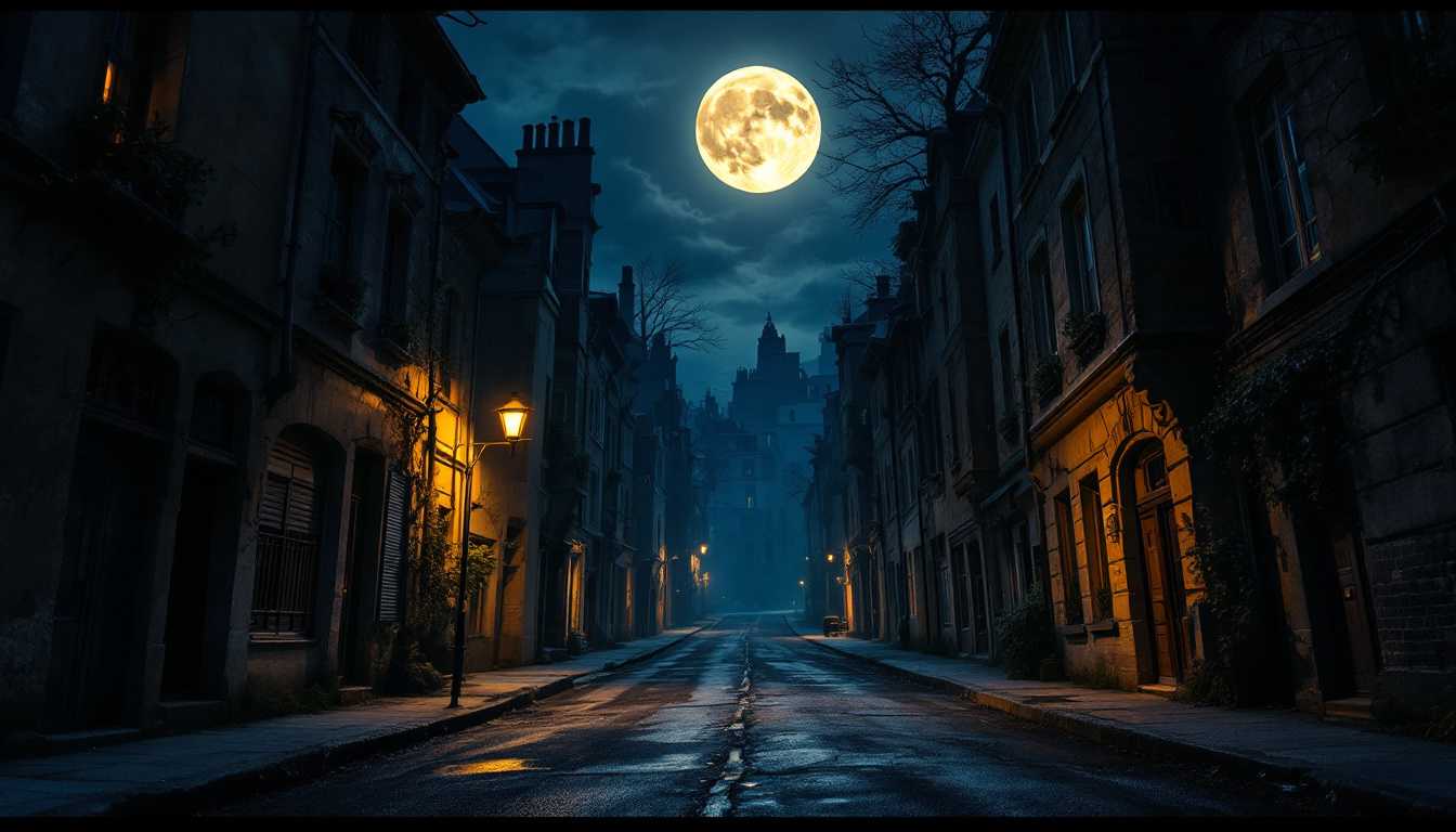 POV: Standing on a familiar city street bathed in moonlight, I look back in confusion, unable to find the narrow, steep Rue d'Auseil with its tottering 1920s houses, as if it had vanished entirely from existence.



