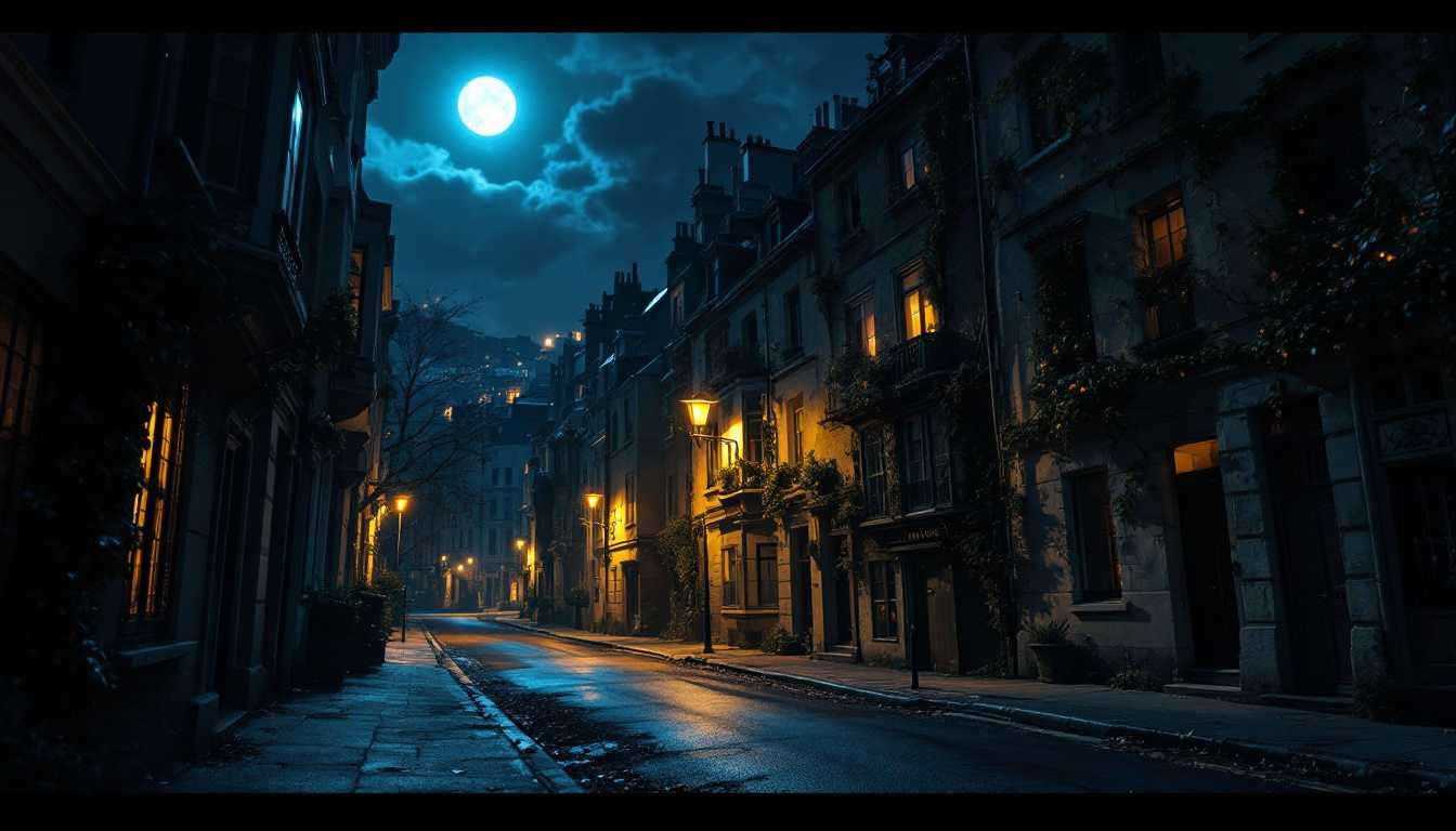 POV: Standing on a familiar city street bathed in moonlight, I look back in confusion, unable to find the narrow, steep Rue d'Auseil with its tottering 1920s houses, as if it had vanished entirely from existence.



