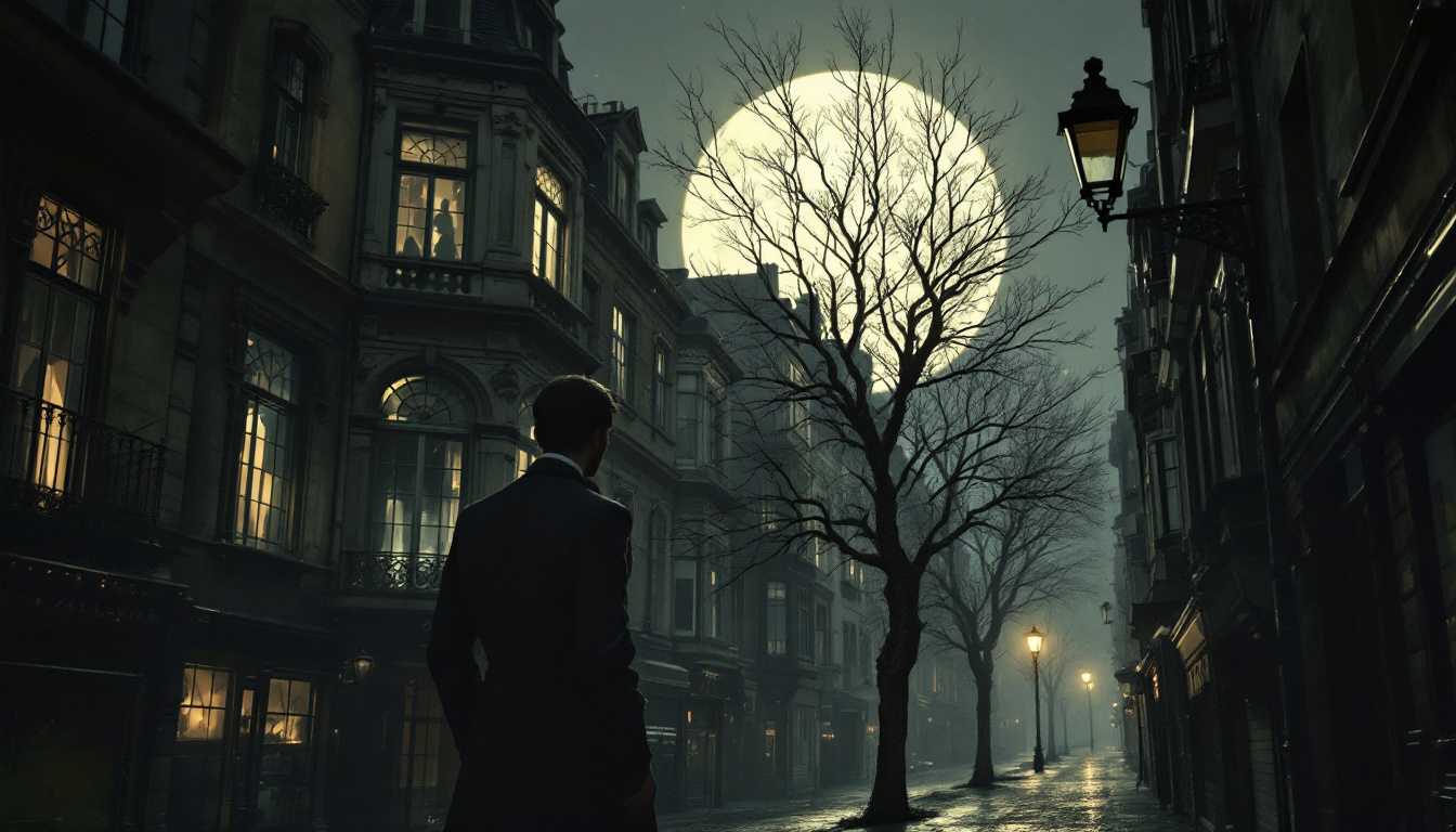 POV: Standing on a familiar city 1920s paris narrow street, with towering houses, bathed in moonlight, I look back in confusion, the scarce trees stand still under clear sky, there is no wind.



