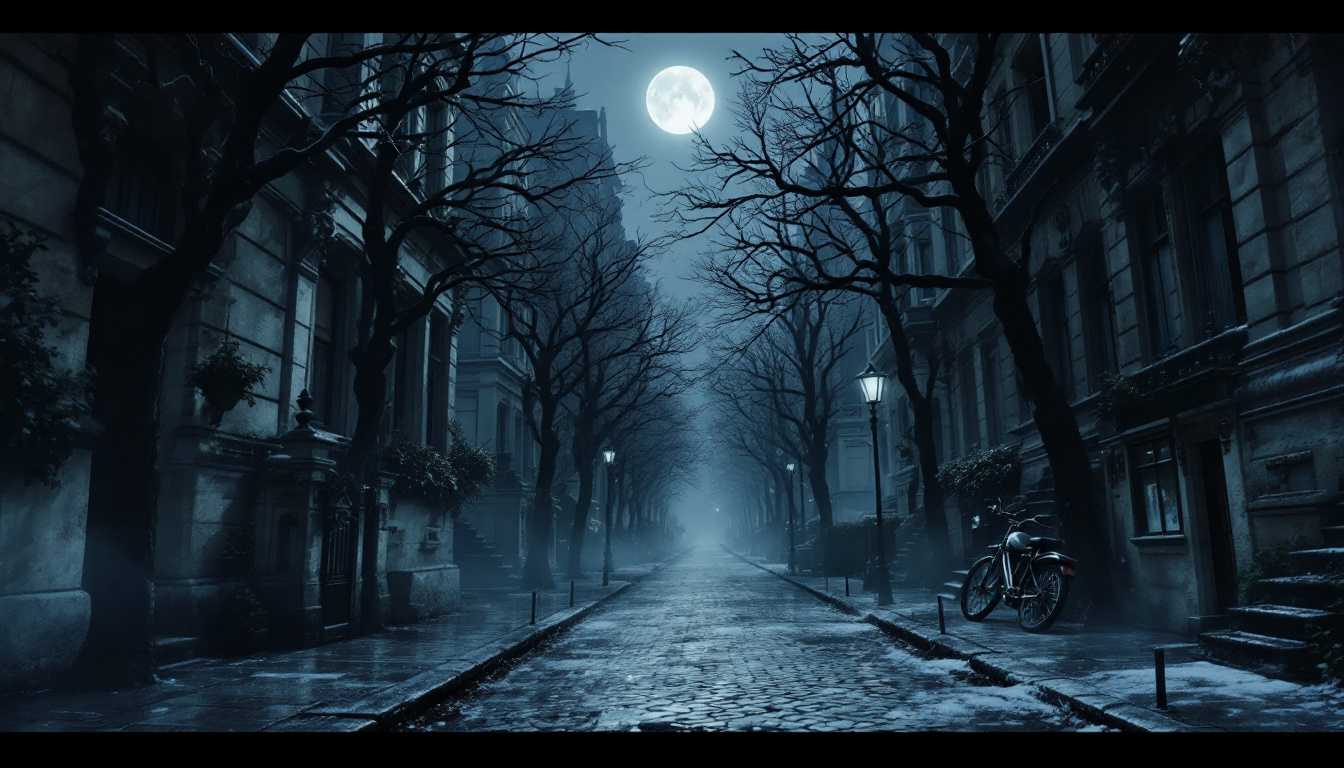 POV: Standing on a familiar city 1920s paris narrow street, with towering houses, bathed in moonlight, I look back in confusion, the scarce trees stand still under clear sky, there is no wind.


