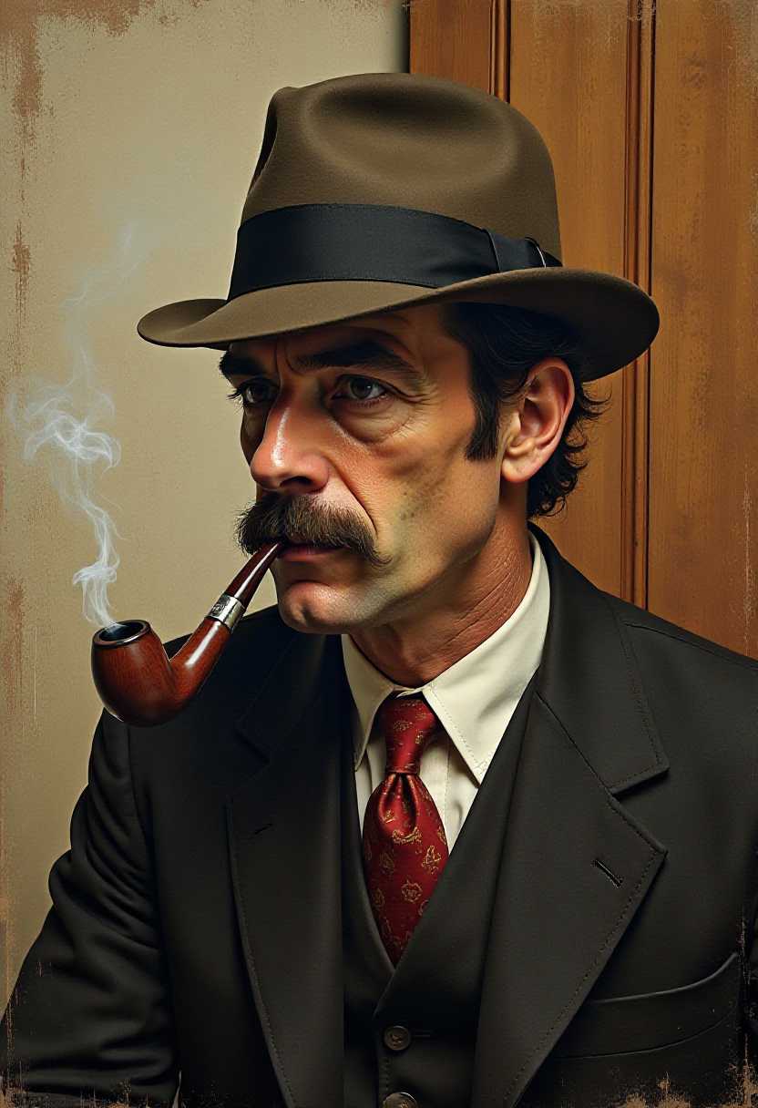 man with fedora hat, smoking a pipe, conceptual art, painting, poster