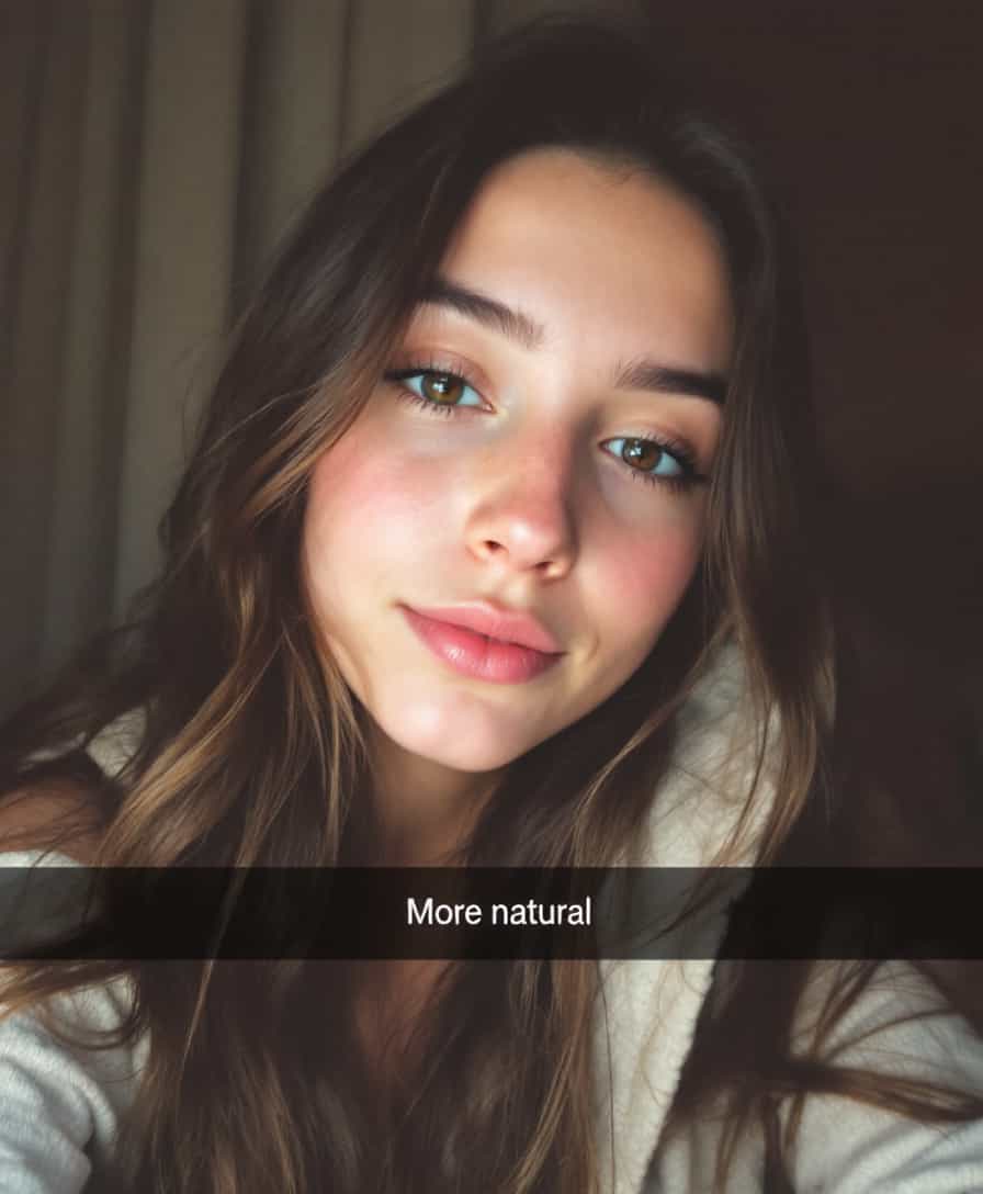 low quality phone photo, snapchat, grainy, female teenage taking selfie with photo label  "More natural"