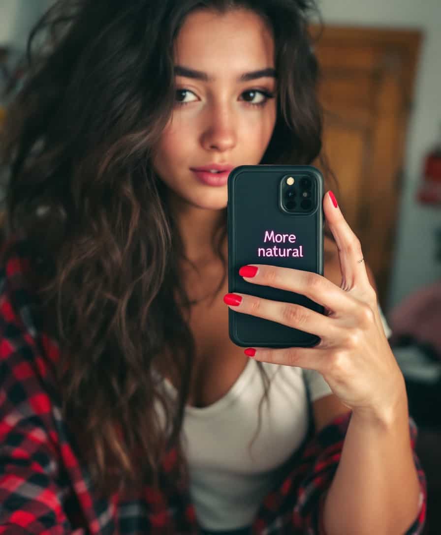 low quality phone photo, snapchat, grainy, female teenage taking selfie with photo label  "More natural"