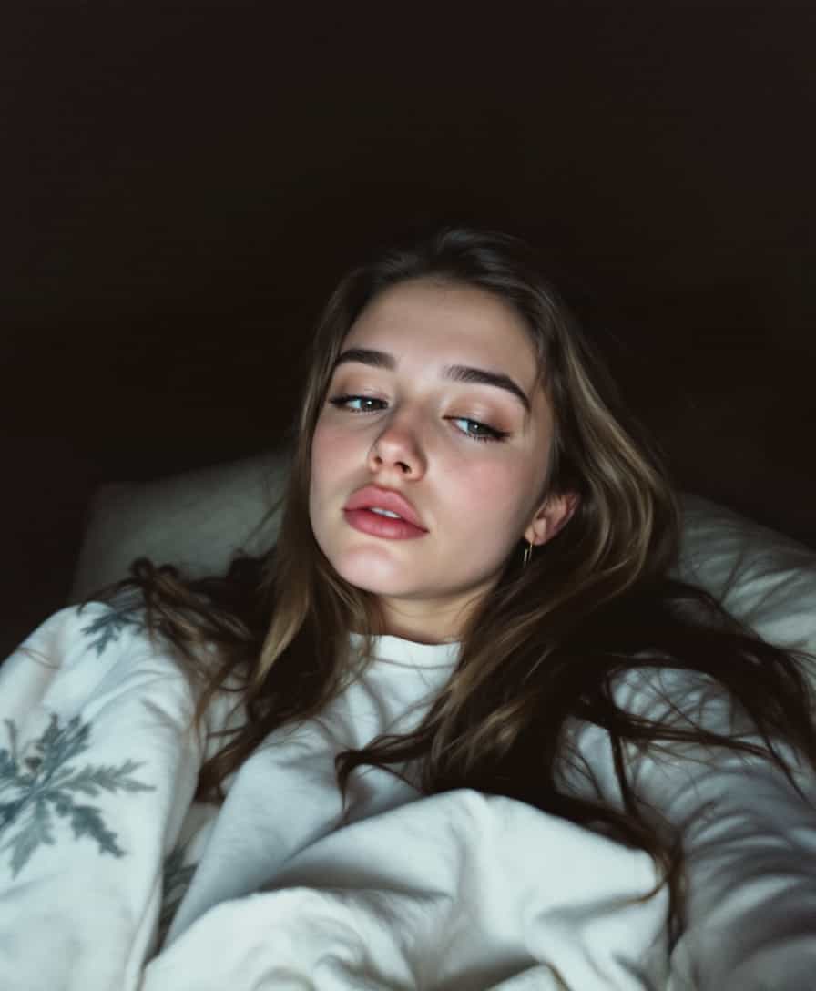 low quality phone photo, snapchat, grainy, female teenage taking morning selfie in bed with photo label  "More natural", sleepy eyes