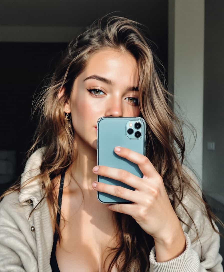 low quality phone photo, snapchat, grainy, female teenage taking morning selfie with photo label  "More natural", 