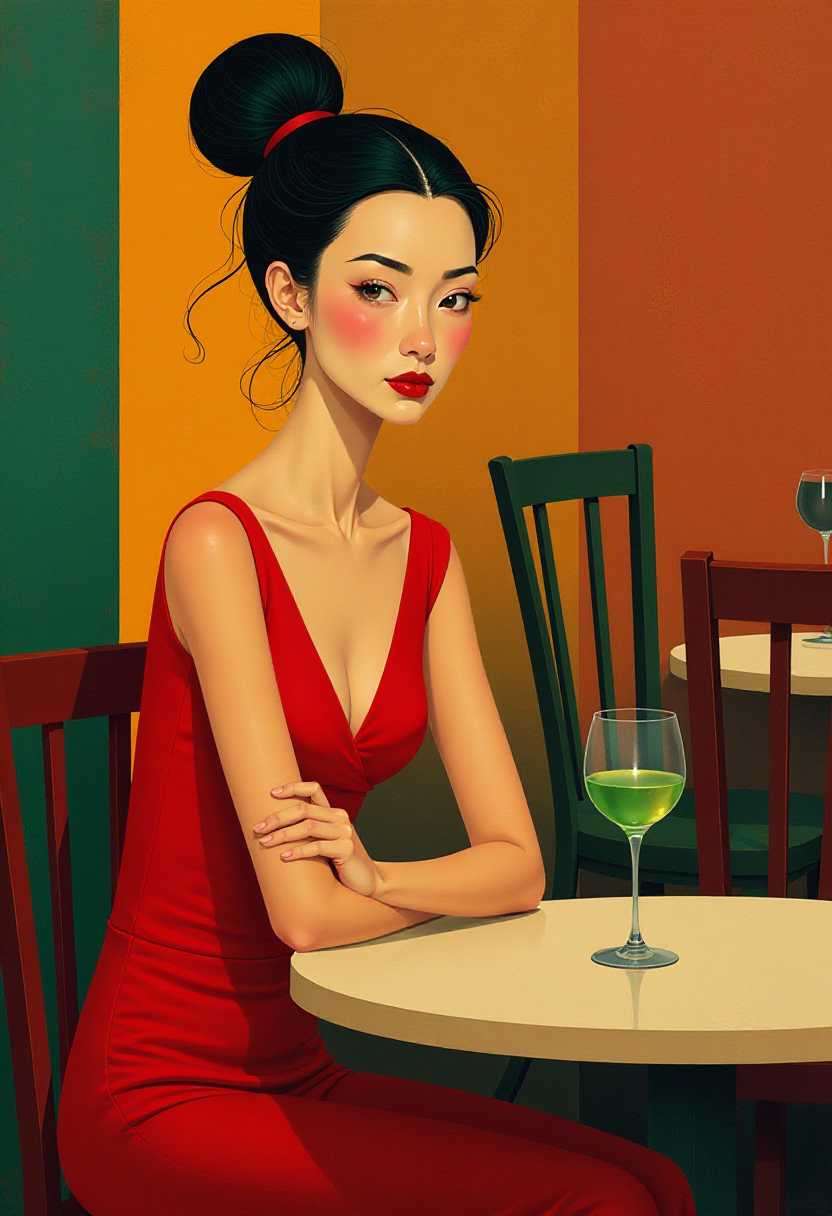 A cubist-style artwork of a solitary Chinese woman with a melancholy expression, sitting at a café table in an abstract setting. The woman has strong, angular facial features and is wearing a red dress. The table has a glass of absinthe. The background contains a few café chairs. The artwork uses bold, geometric shapes to depict the woman, the table, and the glass. The colors are vibrant but rich, with a palette of a pop art color palette, and ochres dominating the scene. The lighting casts shadows, adding depth to the otherwise flat, fragmented forms. Psychedelic colors