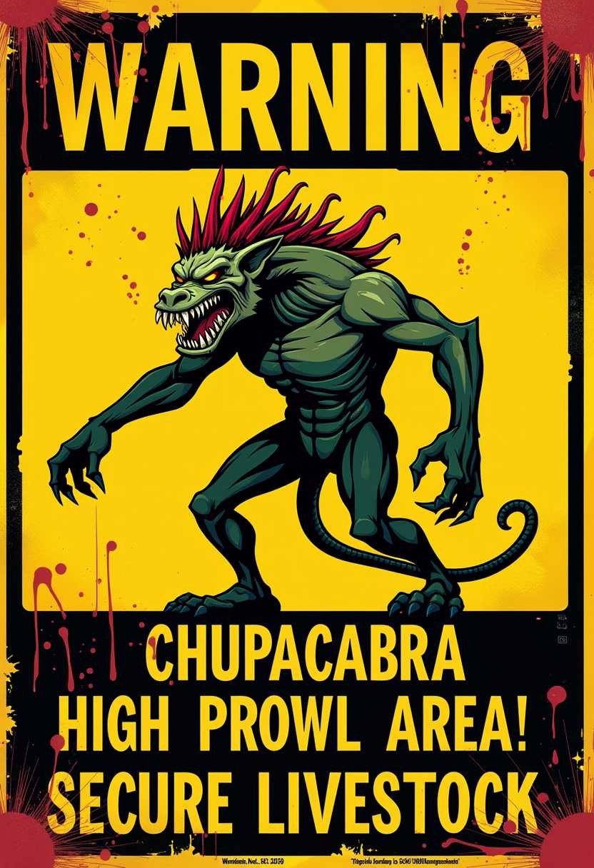 This image is a warning sign with a bold, graphic design. The background is a distressed yellow with splatters of what appears to be red, resembling blood. The sign has a black border with the word WARNING in capital letters at the top.In the center of the sign is a black silhouette of a creature that resembles a mythical beast, often referred to as a Chupacabra. The creature has a humanoid form, short snout, long ears, with elongated fingers and toes, and its skin appears to be textured and mottled, with shades of green, brown, and hints of red. Its eyes are glowing red, and it has a wide, toothy grin that reveals sharp, pointed teeth.The creatures posture is dynamic and menacing, with one arm extended forward and the other bent at the elbow, fingers curled into claws. The tail is long and whiplike, with a similar texture to the body. The creatures hair or spines are red and appear to be made of a hard, possibly bonelike material, protruding from the top of its head and back.Below the creature, in a black rectangle, is the text CHUPACABRA HIGH PROWL AREA! in capital letters. At the bottom of the sign, in another black rectangle, is the text SECURE LIVESTOCK in capital letters.The overall art style of the sign is reminiscent of a horror or science fiction genre, with a gritty, almost comic booklike quality. The medium appears to be a digital illustration, given the crisp lines and the way the colors blend together. The colors are limited, primarily using black and yellow with the red splatters, which adds to the signs menacing and urgent feel.