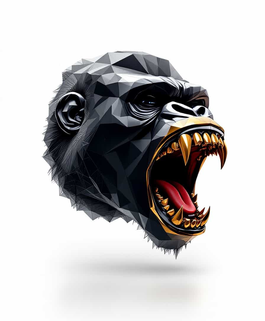 A black and gold gorilla head made of geometric shapes, with sharp teeth and a red tongue, is roaring against a white background in a close-up shot. It is a 3D rendering digital art with high resolution, hyper-realistic and sharp details. The artwork has a dark theme with a gray color tone and a black monochrome color scheme in a futuristic style. It has sharp focus on a full body portrait in the style of octane render with bright light and a symmetrical composition. The artwork was taken with an ultra wide angle lens and has depth of field from a side view.