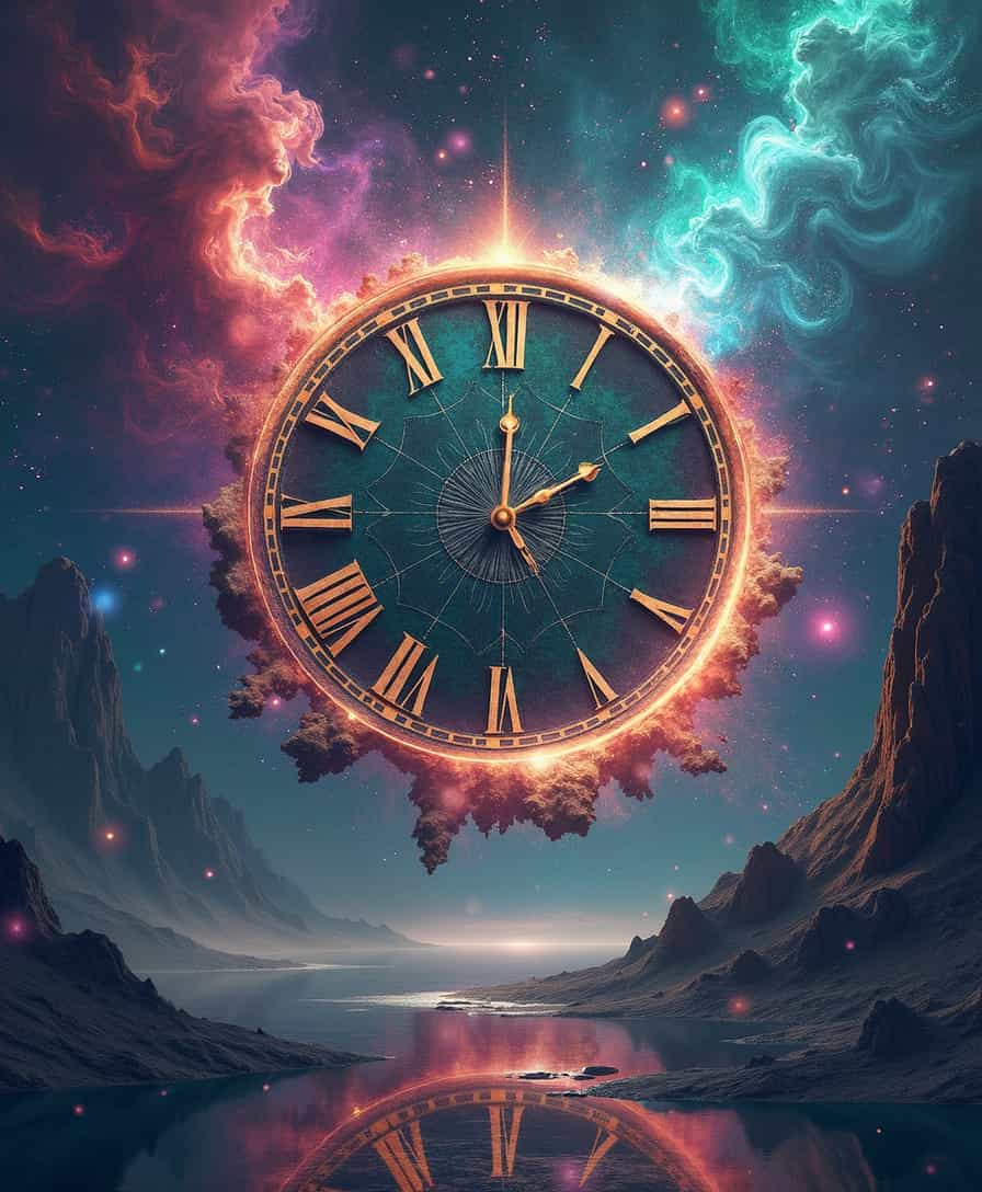 Create a high-quality, detailed album cover in a 1:1 aspect ratio. The cover should capture the essence of psytrance and trance music, featuring a surreal, cosmic landscape with elements of space, time, and energy. Include a large, glowing clock or timepiece at the center, partially disintegrating into a stream of fractal patterns and luminous trails, symbolizing the paradox of time. Surround the clock with vibrant cosmic colors—deep purples, electric blues, and neon greens—creating an otherworldly atmosphere. Add swirling galaxies, abstract energy waves, and shimmering light rays radiating outward, creating a sense of movement and depth. The title "Paradox of Time" should be integrated in a sleek, futuristic font, glowing subtly to blend harmoniously with the cosmic elements. Ensure the design has sharp details, vivid lighting effects, and a high-resolution finish to make the cover stand out in digital music platforms like Spotify.