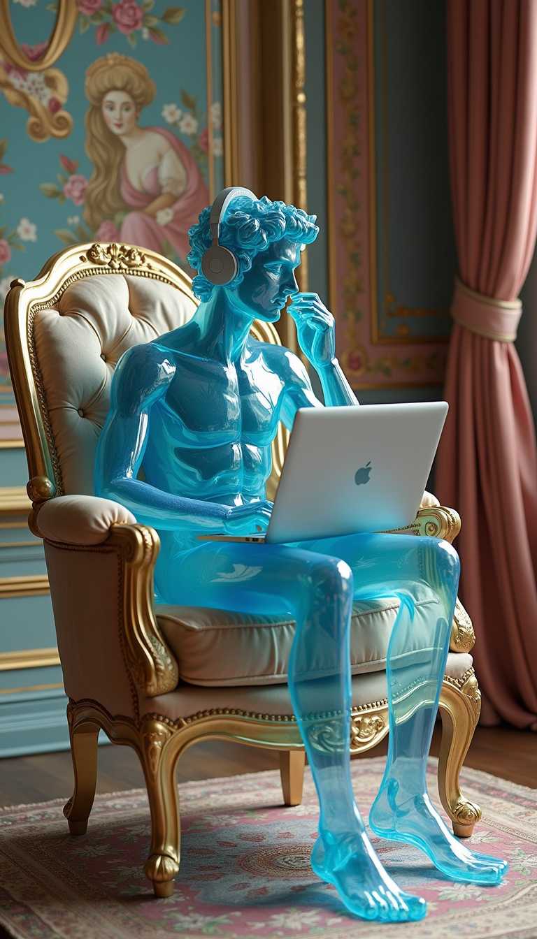 Glass figure of David in blue peach pastel color with macbook and headphones sits in an exquisite 18th century satin armchair in a bohemian chic castle . The mood is fantastic. The photo was taken as if on a wide-angle format in the iPhone with settings of 0.5