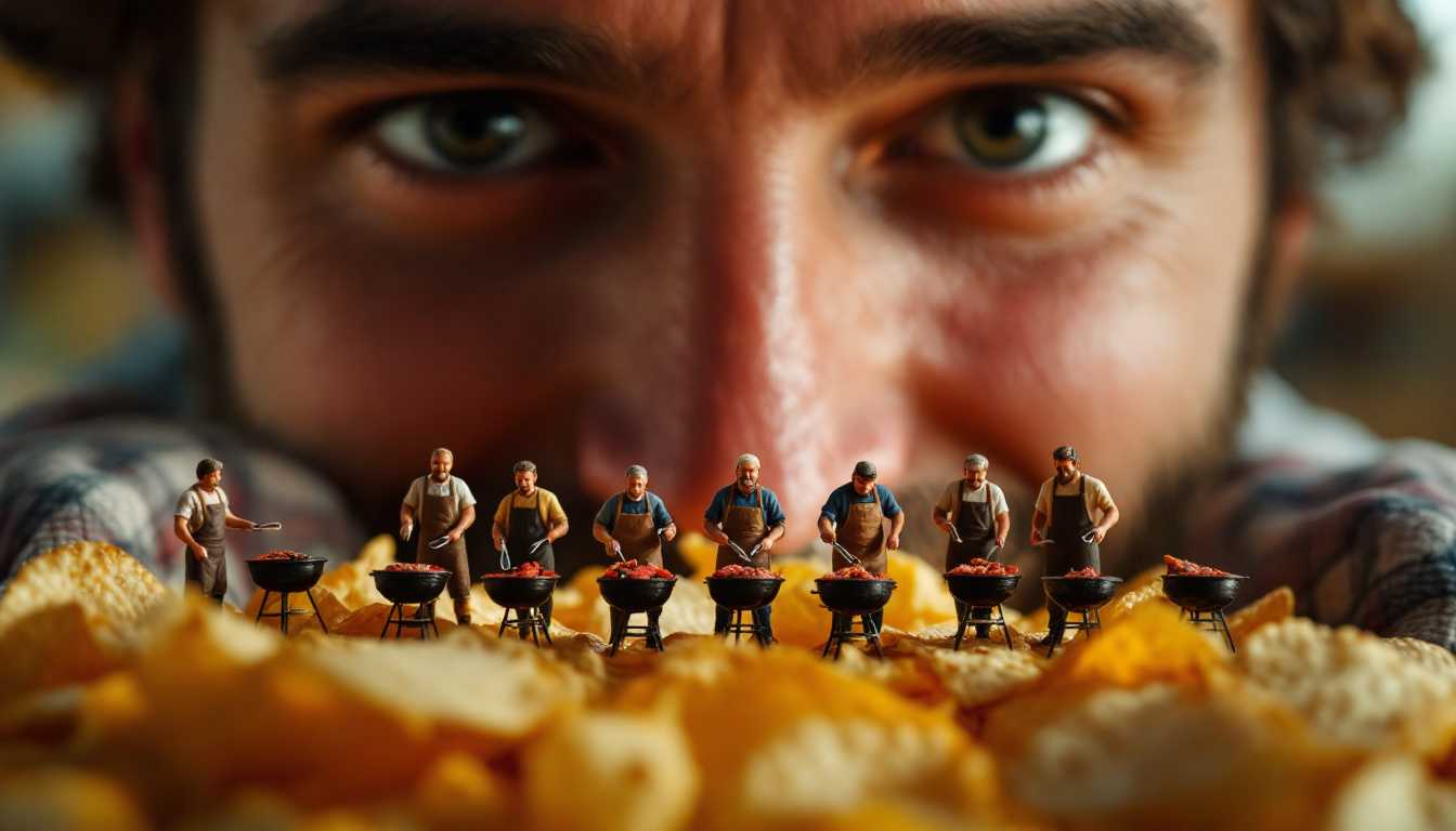 We are close up on a happy man’s glimmering eyes carefully inspecting a potato chip. There is a row of a dozen of miniature stereotypical Dads wearing aprons and holding tongs grilling meat on classic charcoal grills in a straight line on top of the potato chip,