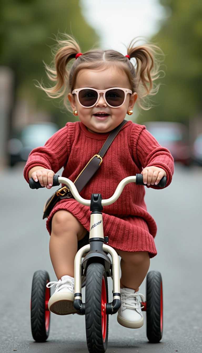 Motion photography captures a chubby American 1 year old baby girl pedalling a three-wheeled bicycle with an extremely exaggerated baby fat figure and chubby cheeks, wearing sunglasses, her round face and plump arms add a cute and bold air. She wore a rosy red knitted dress with white trainers that were both comfortable and stylish. Accessorised with a compact crossbody bag and gold earrings, her make-up is natural and her hair is in relaxed curls as she pedals her three-wheeled bicycle down the street as if the street belongs to her, with the street in the background and soft background bokeh accentuating her presence. Motion photography capture, HD digital photography style, photo-realistic, realistic style, top quality, ultra HD. plus-sized