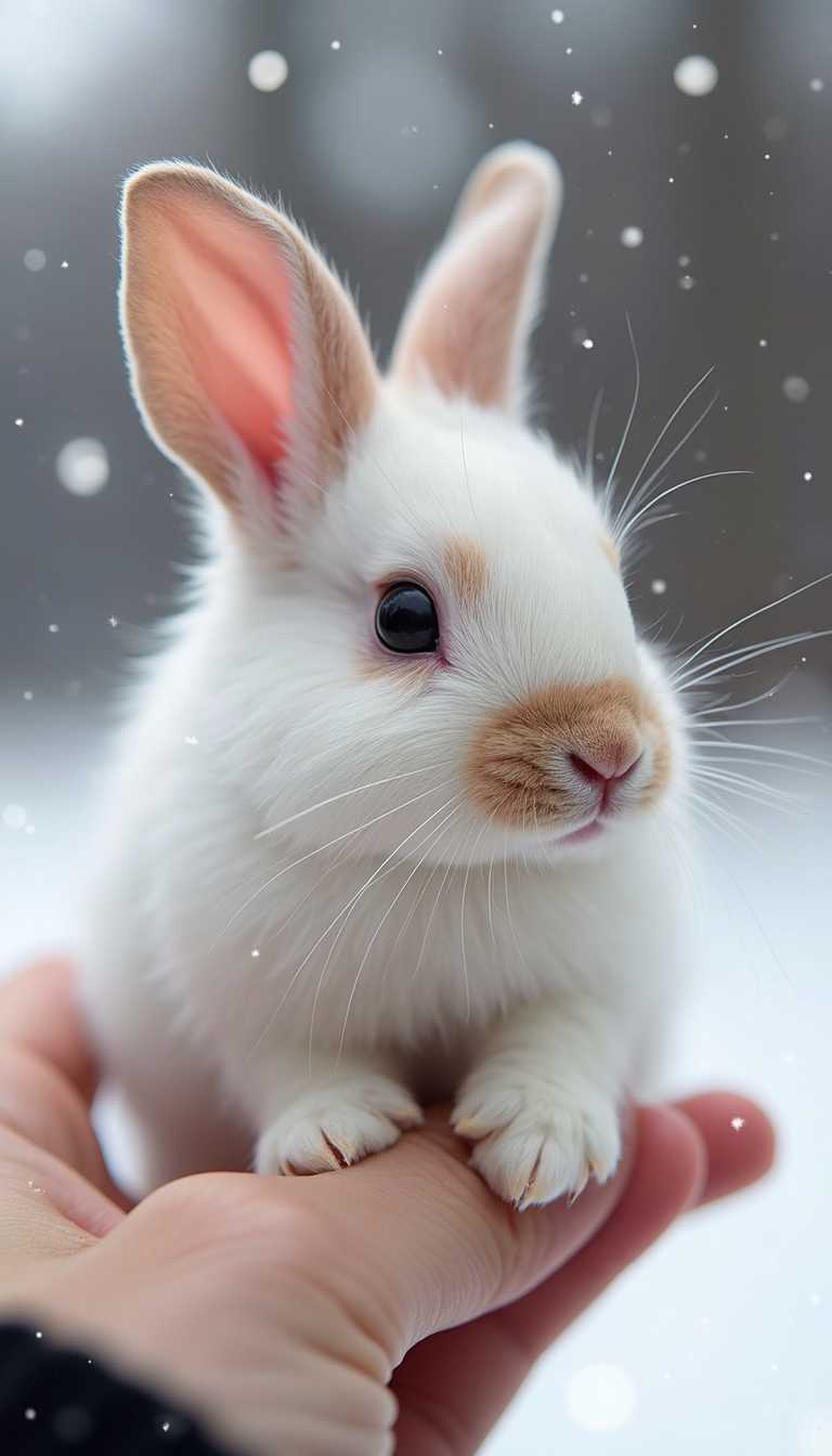 This is the smallest and cutest pink white rabbit with black eyes and a snow background. A cute little rabbit on someone's fingertip, with realistic photos, suitable as a mobile phone wallpaper.