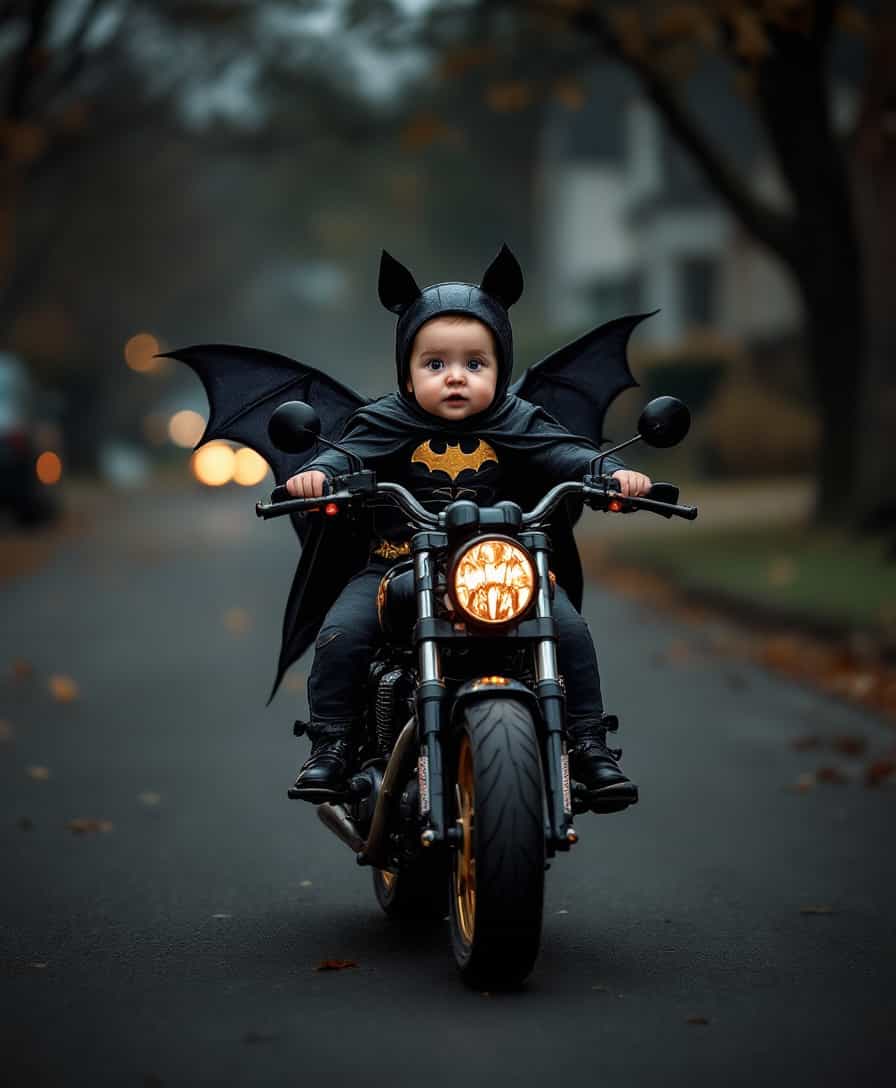 Baby in a bat costume, riding a black and gold motorcycle through a spooky suburban street.