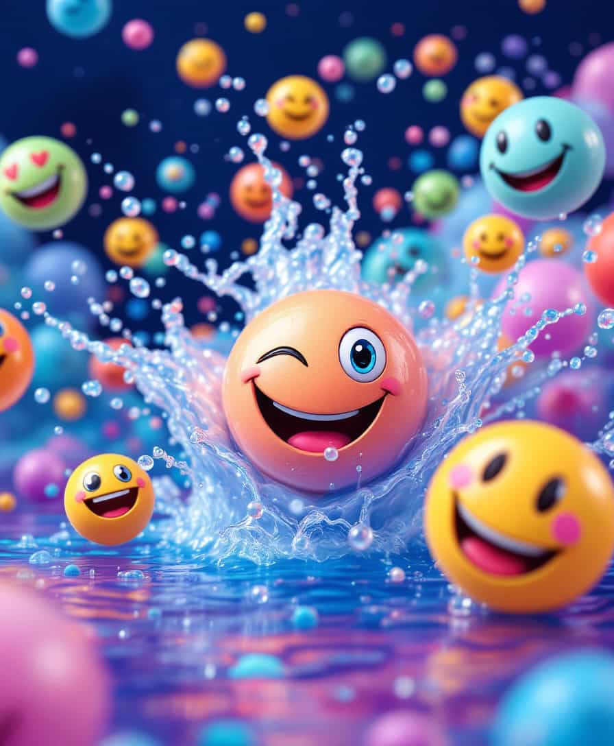 Colorful smiley faces floating, water splash, 3D glossy textures, vibrant atmosphere