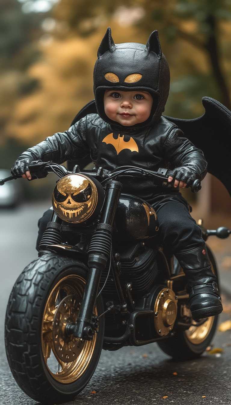 Baby in a bat costume, riding a black and gold motorcycle through a spooky suburban street.