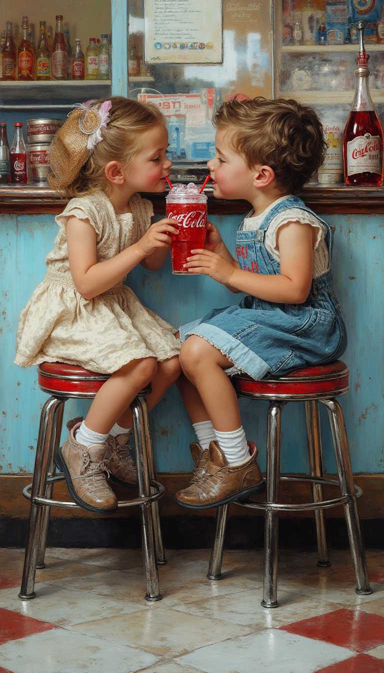 2 kids at old 1950's drug store soda fountain stools sipping cherry cokes