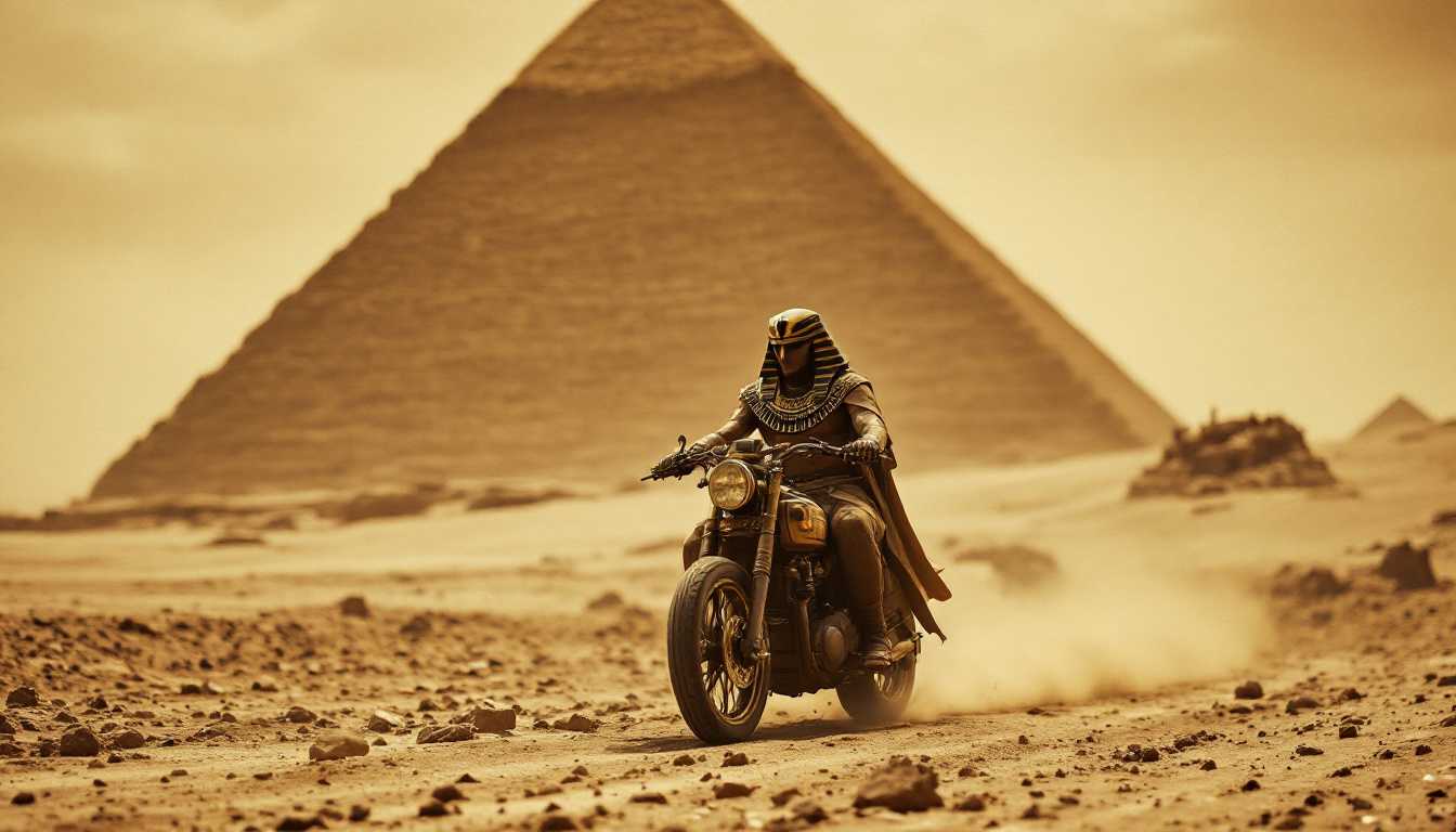 (old sepia photo) of ancient Egypt pharaoh driving a cross motorcycle in front of the great pyramids in Egypt.