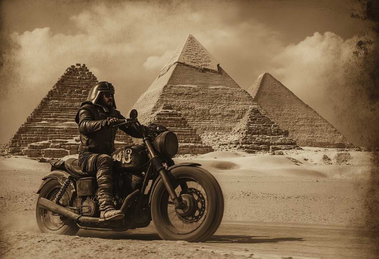 (old sepia photo) of ancient Egypt pharaoh driving a cross motorcycle in front of the great pyramids in Egypt.