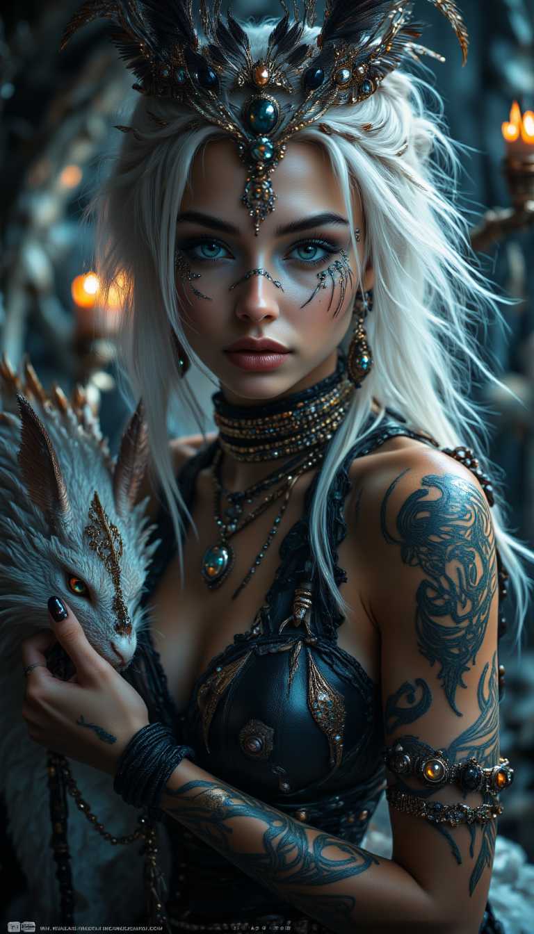 Fantasy Fashion Stylish Woman in Elaborate Costume with Tattoos and Jewelry