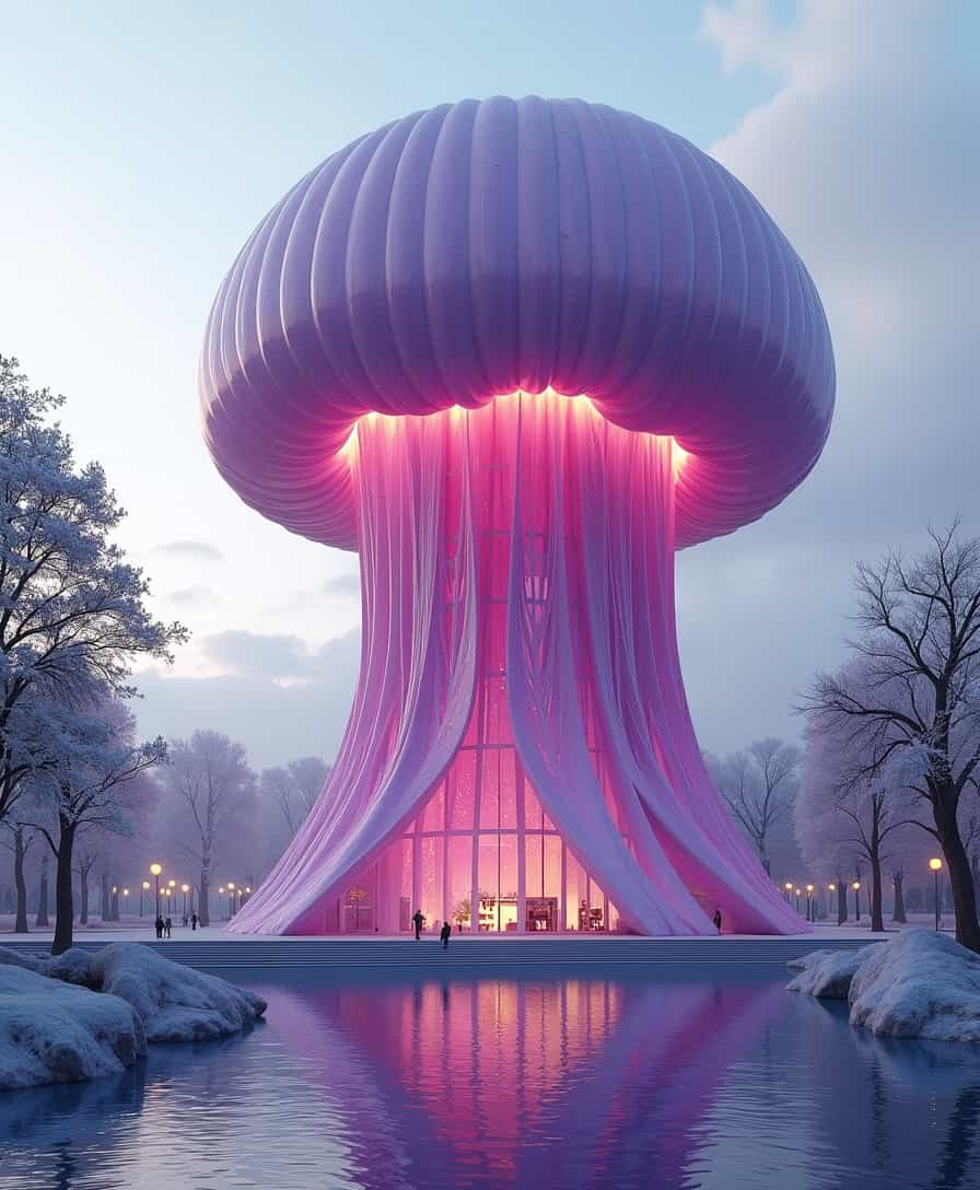 A modern building in the shape of a huge amethyst jelly. The center of a modern city