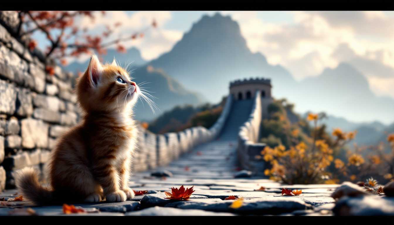 (photorealistic, cinematic) little kitten standing in front of giant Chinese Great Wall and looking up