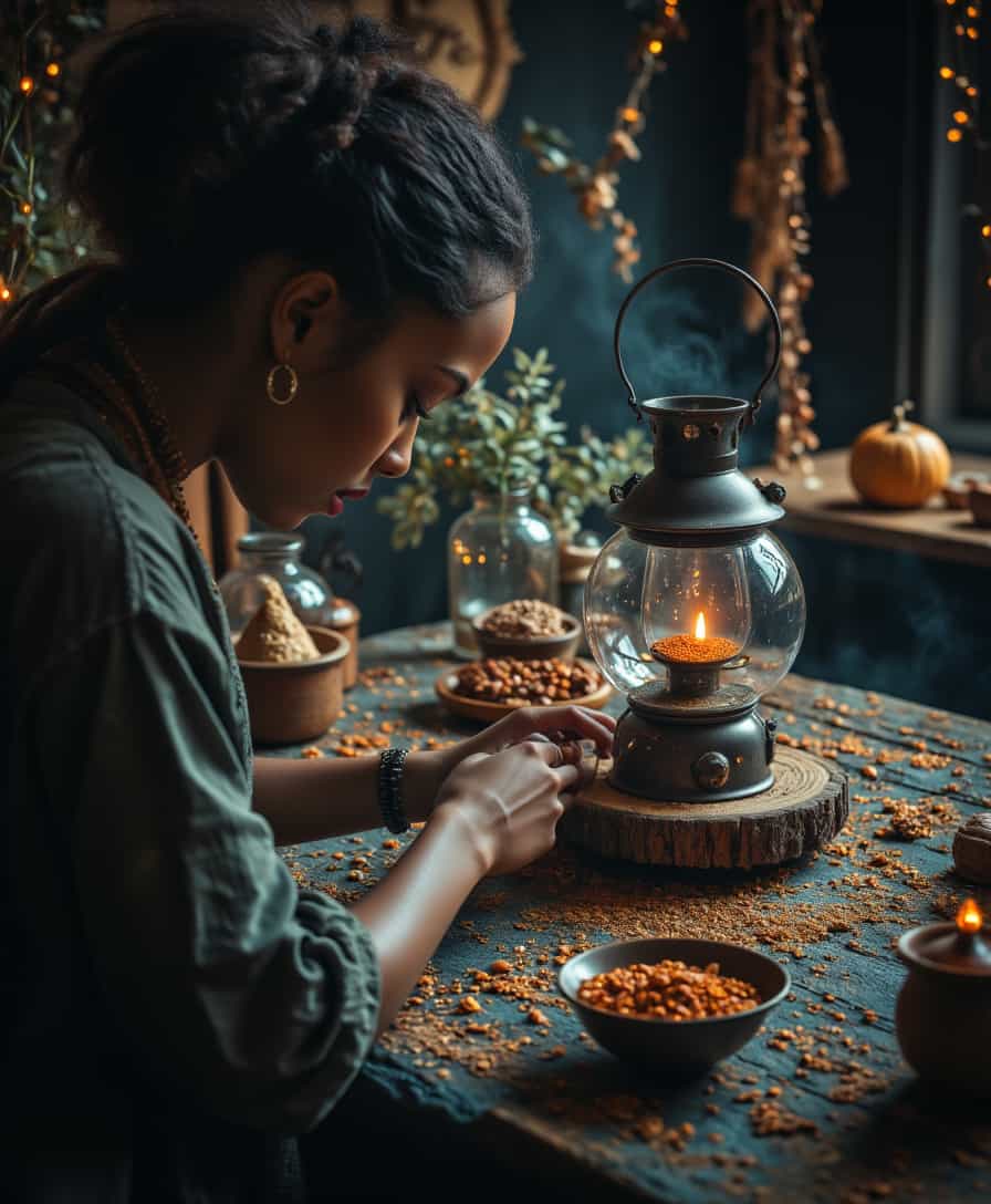 Midjourney_Whisper, aidmaMJ6.1, aidmaimageupgrader, Old fashioned glass hurricane antern oil lamp with herbs inside on an altar being attended to by a black female, make image realistic and lifelike. Add photos of black people on the altar too